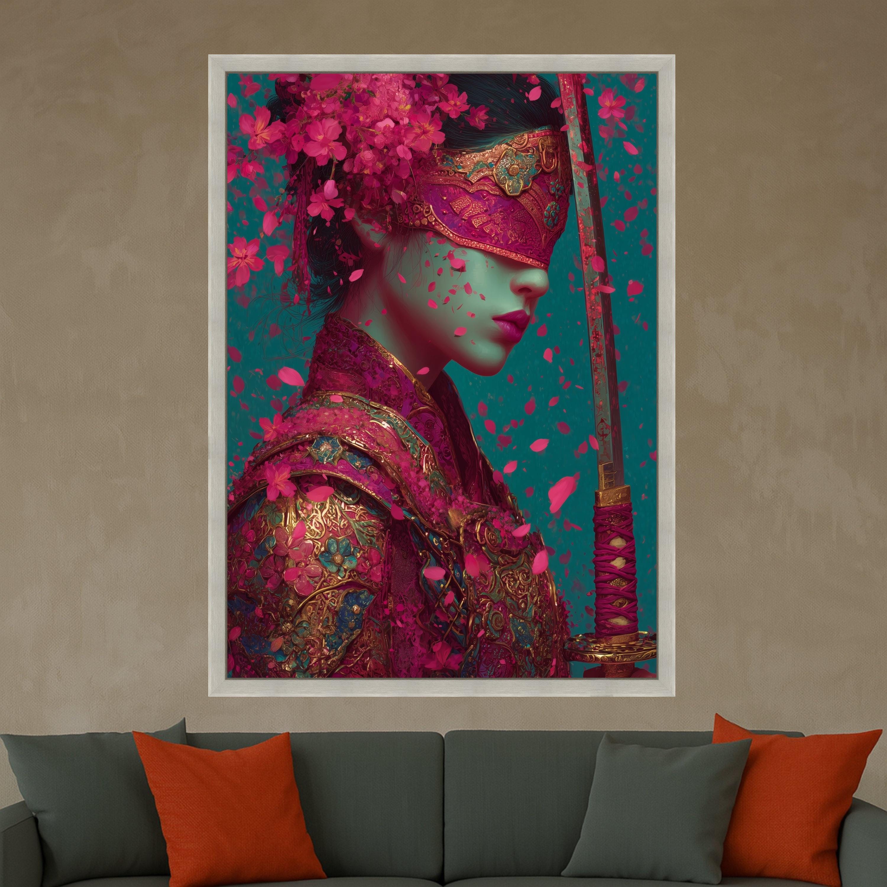 Ornate Samurai Woman Canvas, Floral Armor Art, Pink Petal Print, Sword Wall Decoration Ready To Hang,