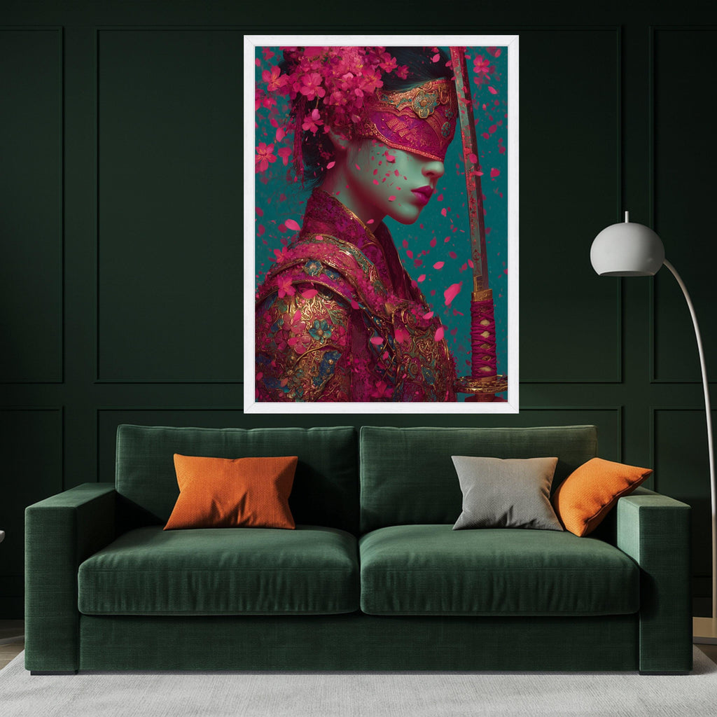 Ornate Samurai Woman Canvas, Floral Armor Art, Pink Petal Print, Sword Wall Decoration Ready To Hang,