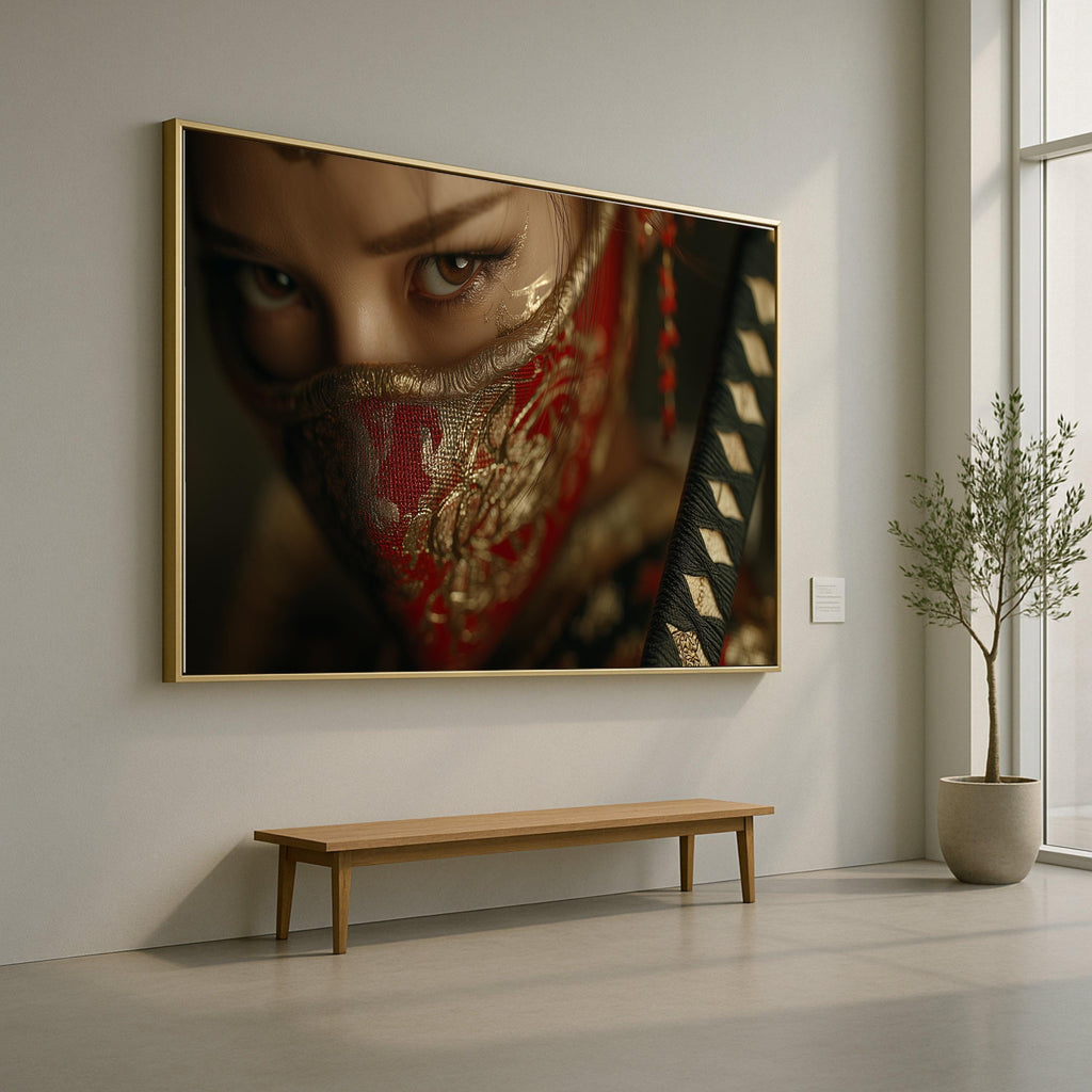 Intense Eyes Close Up, Large Framed Art, Intricate Red Mask, Canvas Wall Print, Ready to Hang Decoration Ready To Hang,