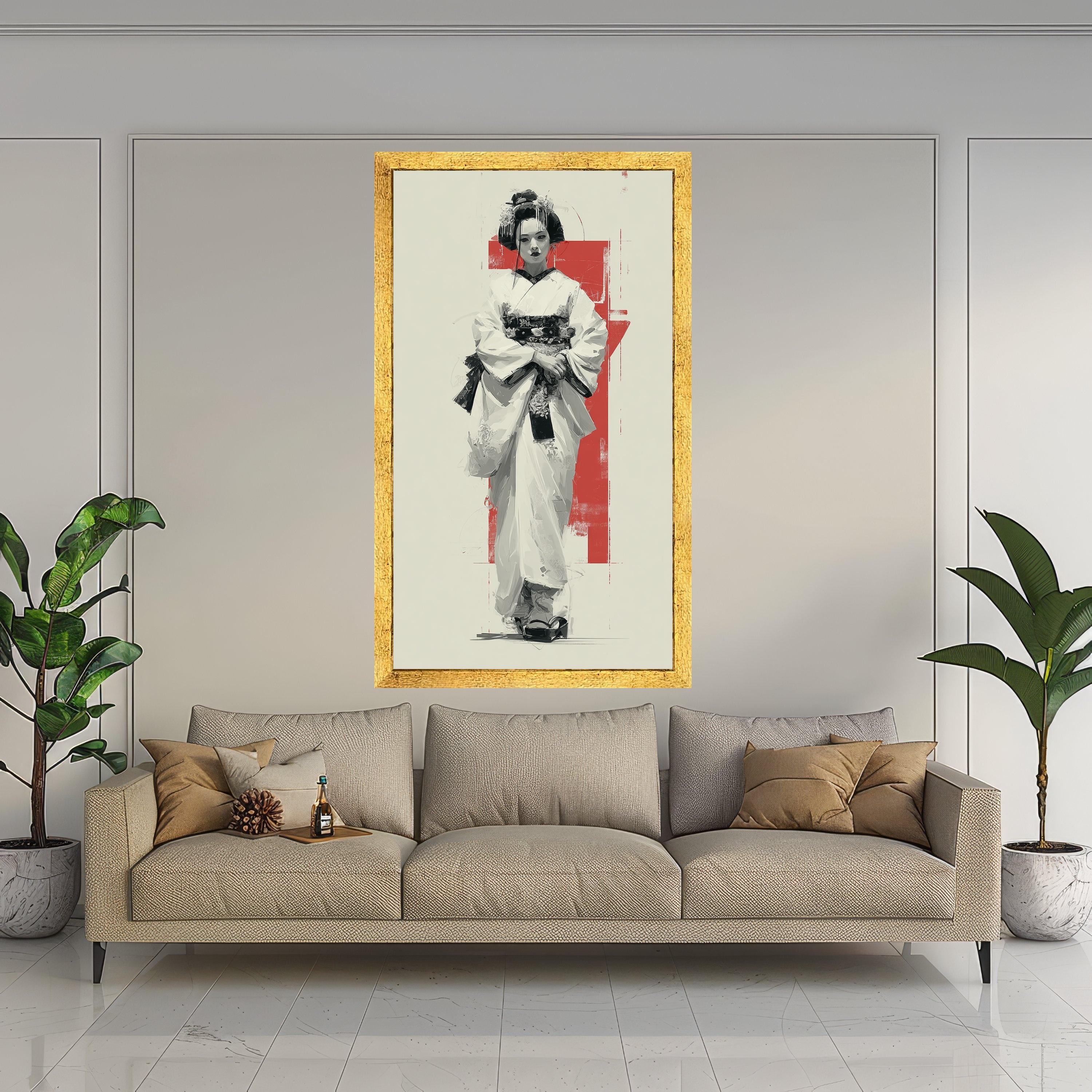 Large Framed Geisha Art, Japanese Traditional Canvas, Modern Asian Print, Elegant Wall Decoration Ready To Hang,