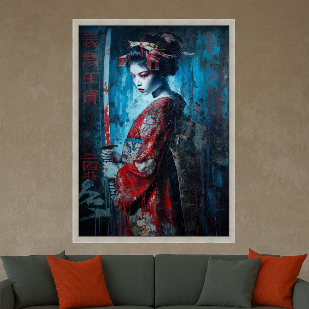 Dark Geisha Warrior, Sword Canvas, Dramatic Red Blue, Asian Art Print, Framed Wall Decoration Ready To Hang,
