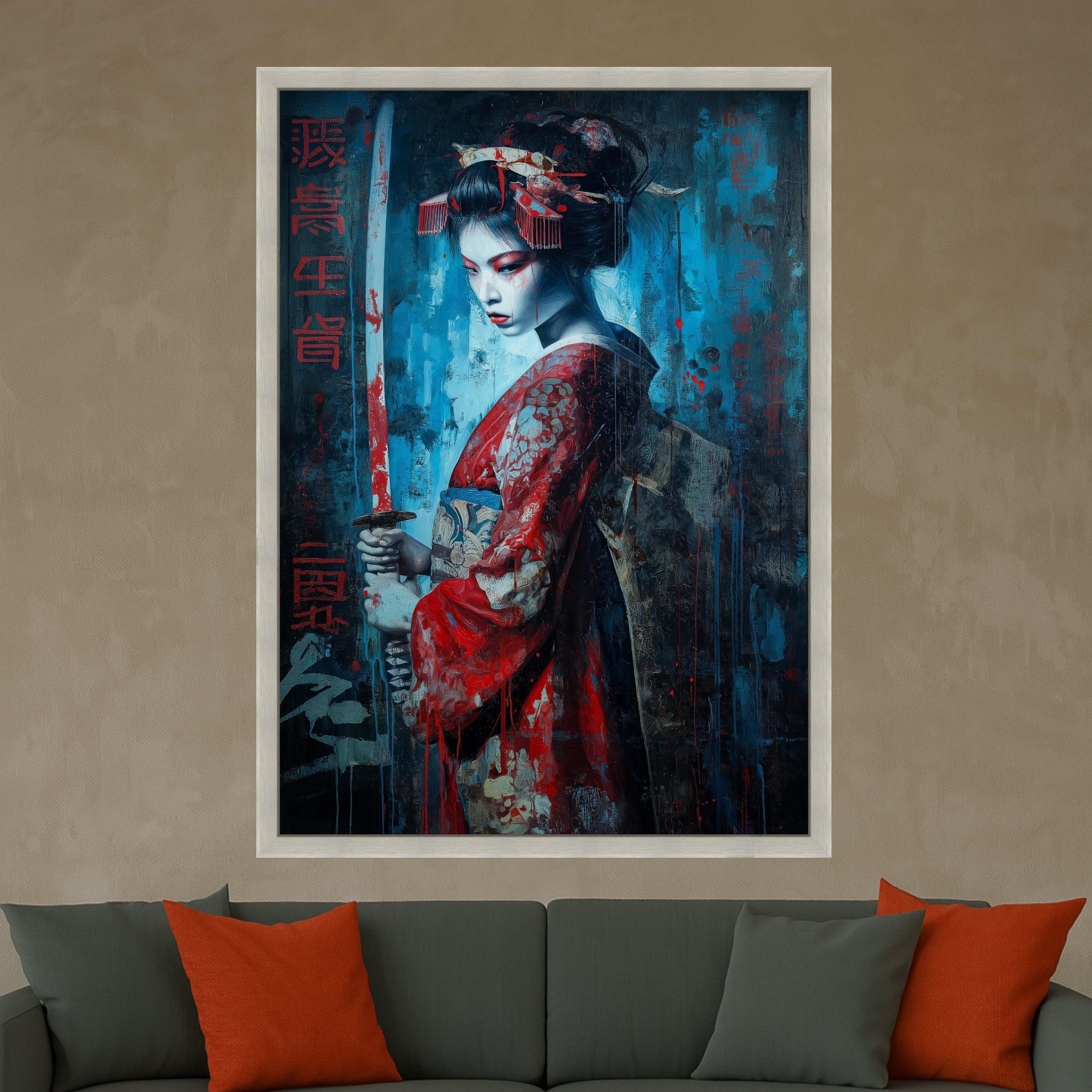 Dark Geisha Warrior, Sword Canvas, Dramatic Red Blue, Asian Art Print, Framed Wall Decoration Ready To Hang,