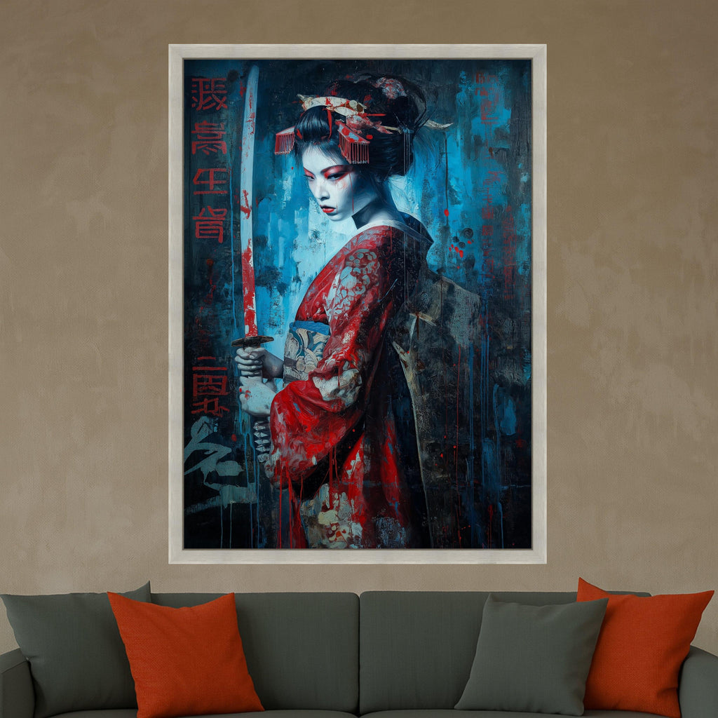 Dark Geisha Warrior, Sword Canvas, Dramatic Red Blue, Asian Art Print, Framed Wall Decoration Ready To Hang,