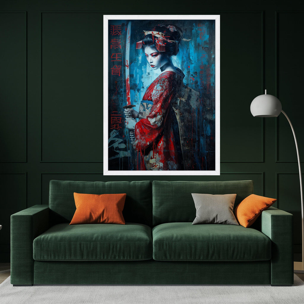 Dark Geisha Warrior, Sword Canvas, Dramatic Red Blue, Asian Art Print, Framed Wall Decoration Ready To Hang,