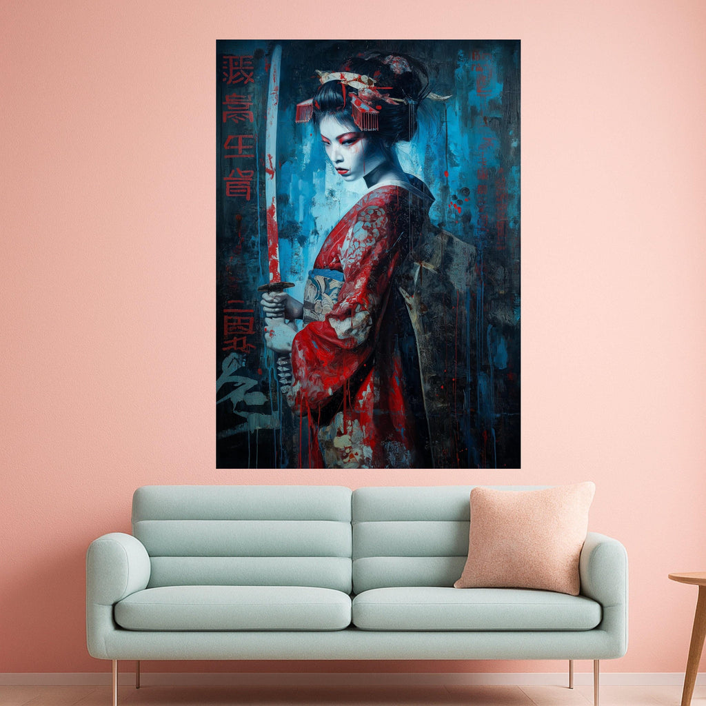 Dark Geisha Warrior, Sword Canvas, Dramatic Red Blue, Asian Art Print, Framed Wall Decoration Ready To Hang,