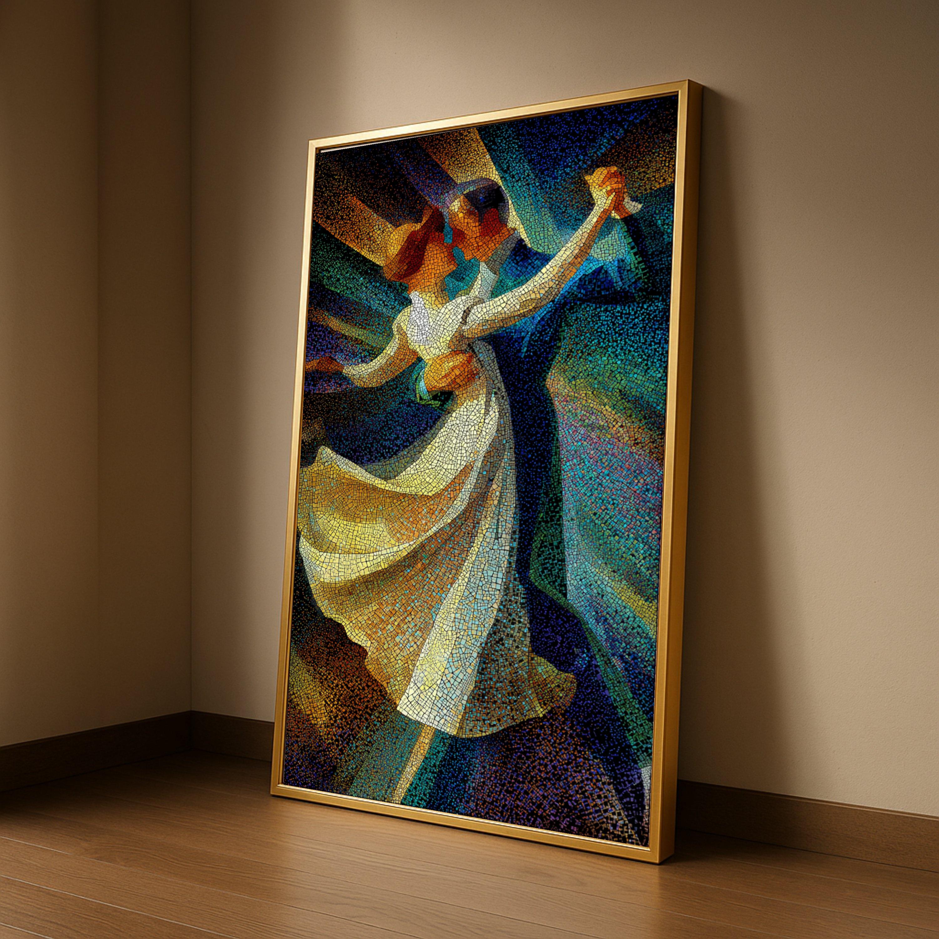 Romantic Dance Mosaic Canvas, Abstract Couple Wall Art, Colorful Ballroom Print, Modern Dance Decor Ready To Hang,