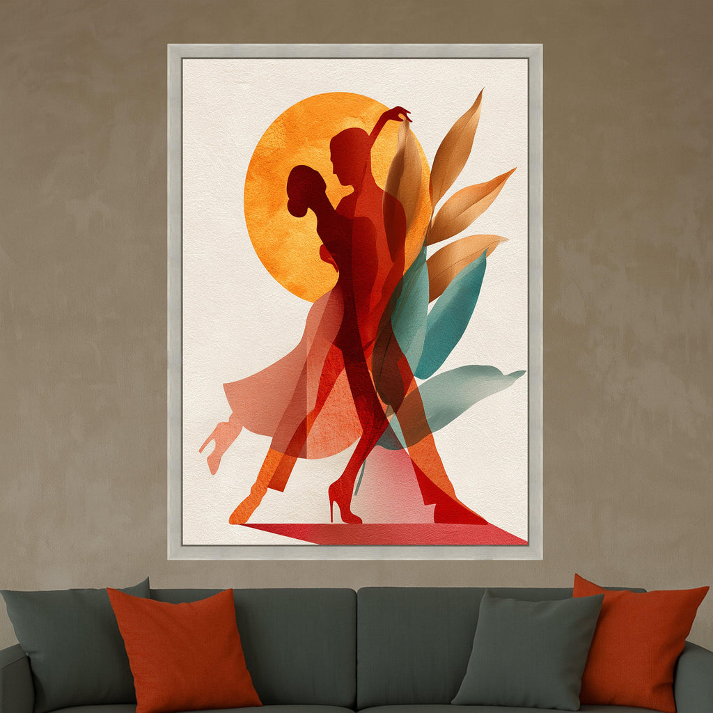 Abstract Couple Dance Canvas, Modern Wall Art, Romantic Silhouette Print, Botanical Shapes Decor, Contemporary Canvas Art Ready To Hang,
