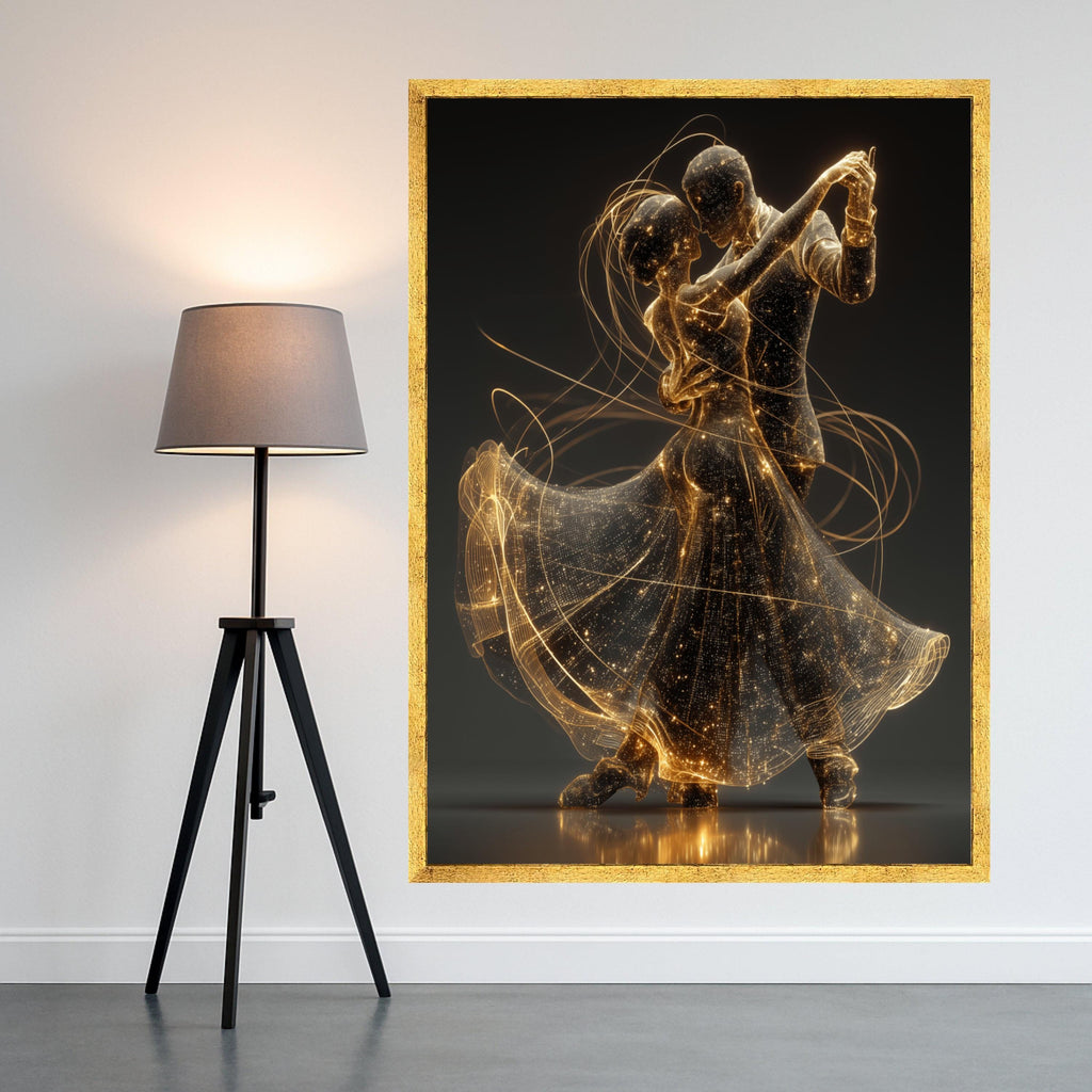 Romantic Dancing Couple, Gold Light Art, Digital Dance Canvas, Elegant Wall Decor, Modern Home Art Print Ready To Hang,