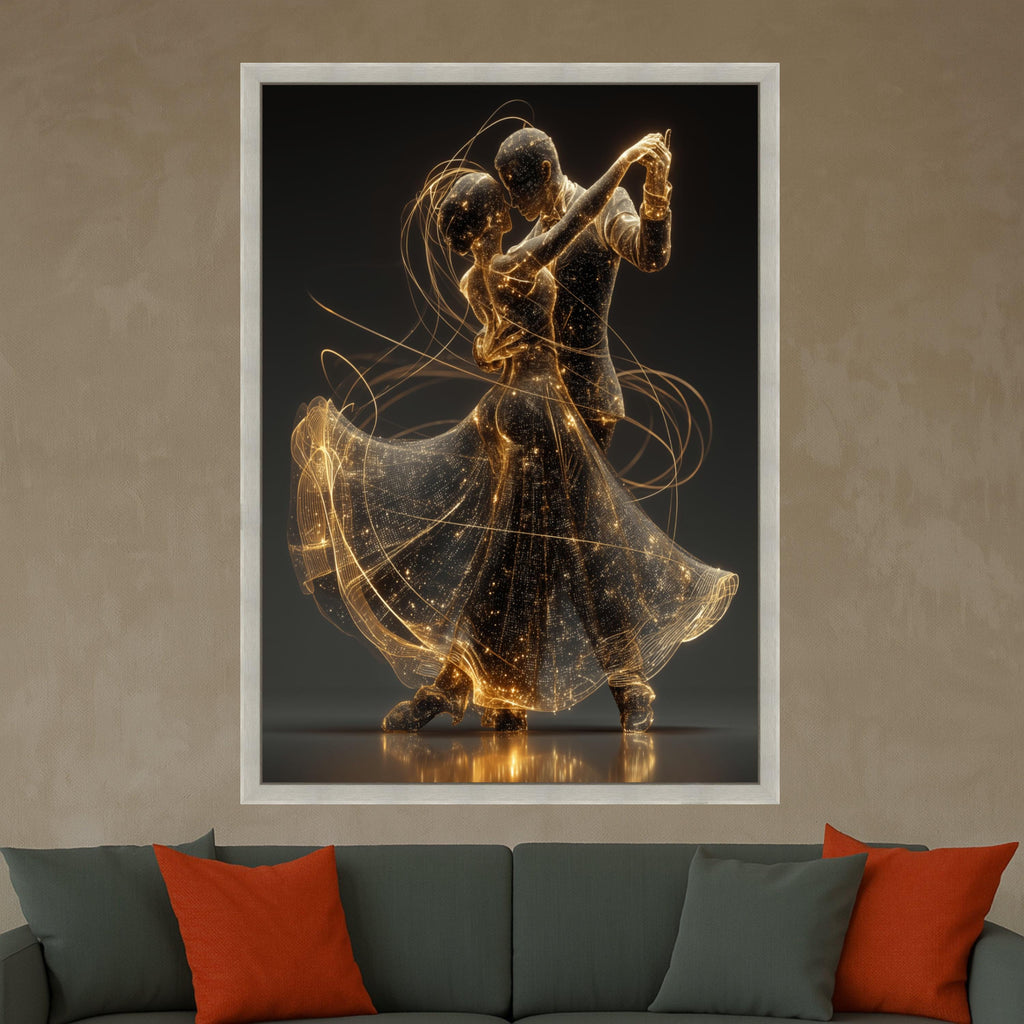 Romantic Dancing Couple, Gold Light Art, Digital Dance Canvas, Elegant Wall Decor, Modern Home Art Print Ready To Hang,