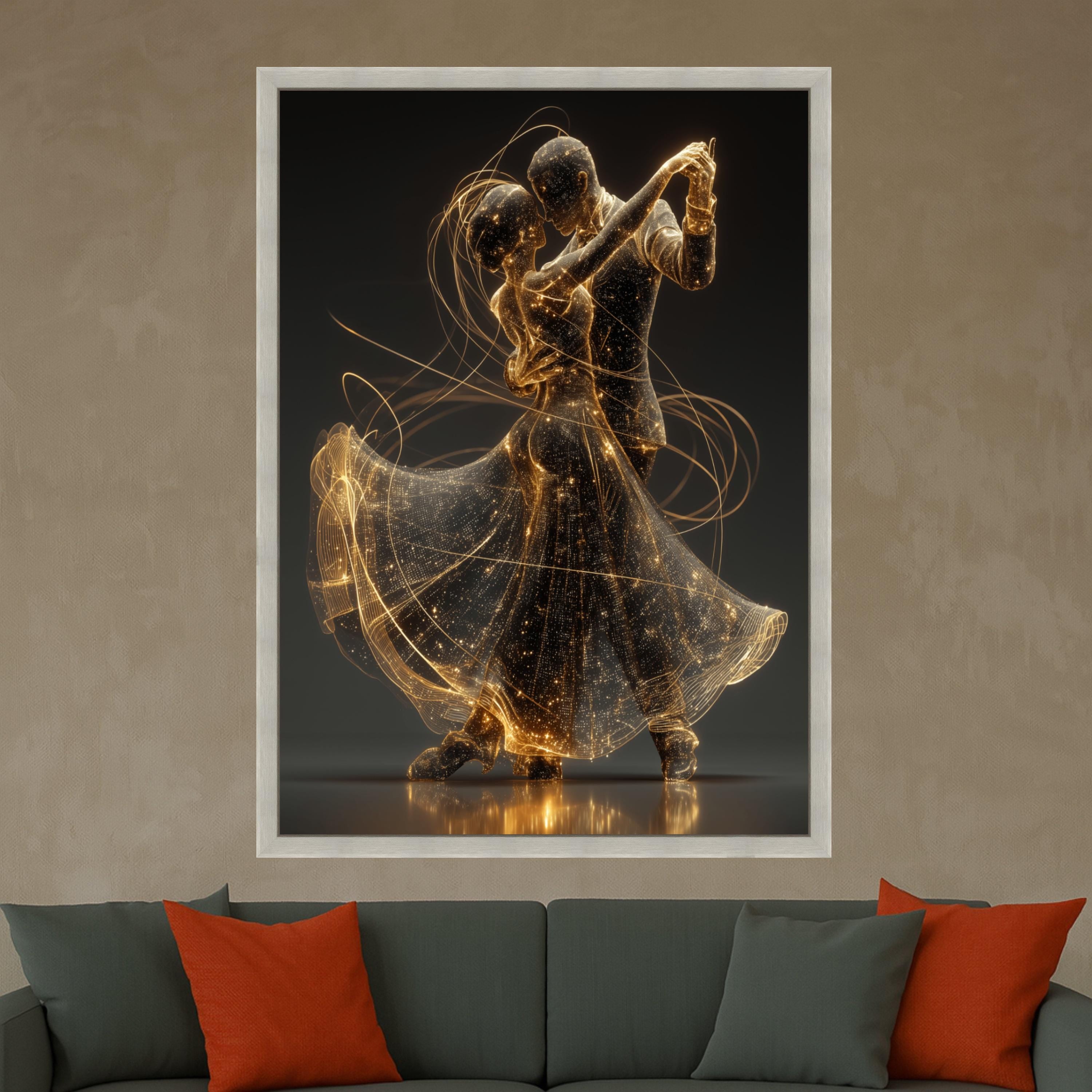 Romantic Dancing Couple, Gold Light Art, Digital Dance Canvas, Elegant Wall Decor, Modern Home Art Print Ready To Hang,