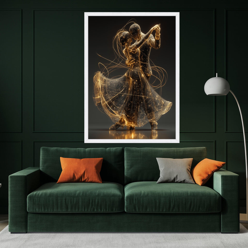 Romantic Dancing Couple, Gold Light Art, Digital Dance Canvas, Elegant Wall Decor, Modern Home Art Print Ready To Hang,
