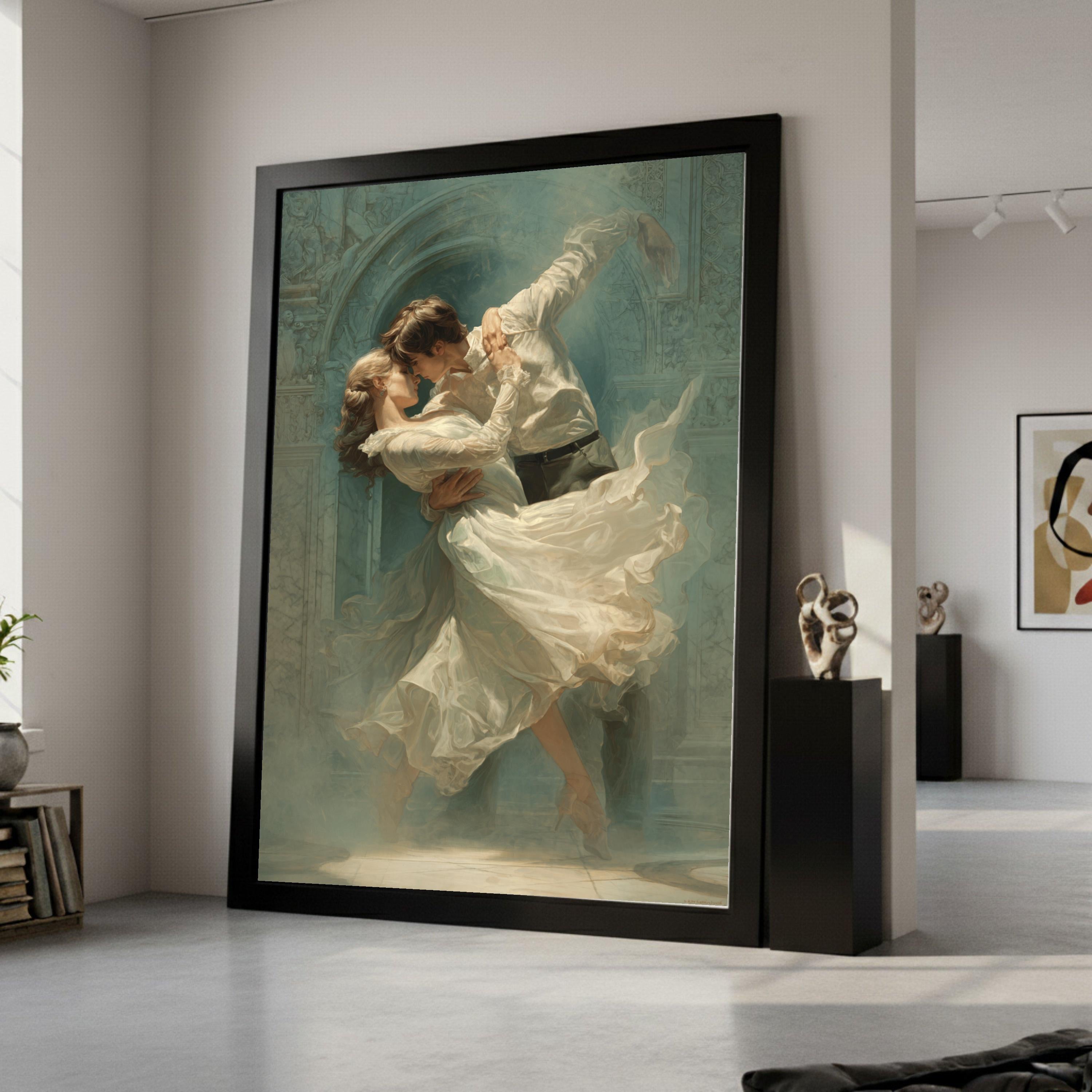 Romantic Dance Embrace Canvas, Couple Wall Art, Elegant Love Print, Flowing Dress Decor Ready To Hang,