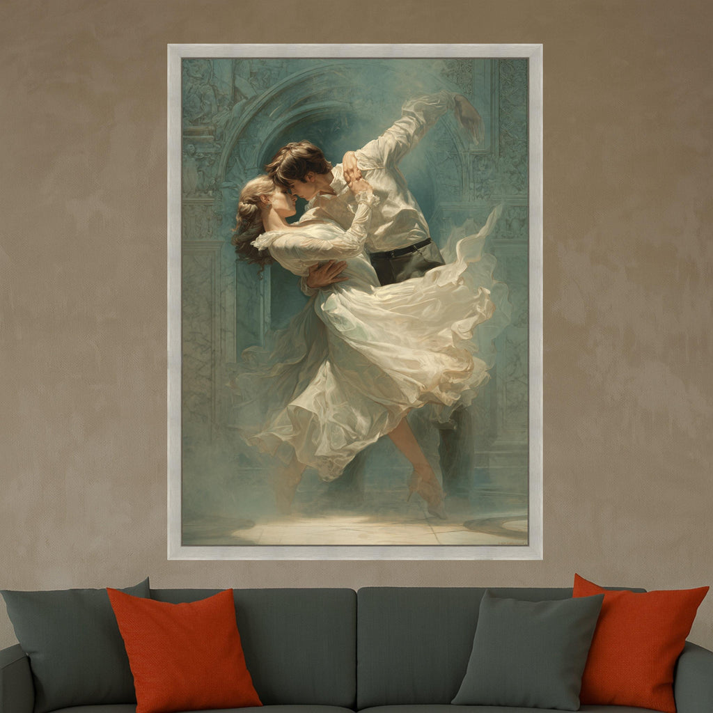 Romantic Dance Embrace Canvas, Couple Wall Art, Elegant Love Print, Flowing Dress Decor Ready To Hang,