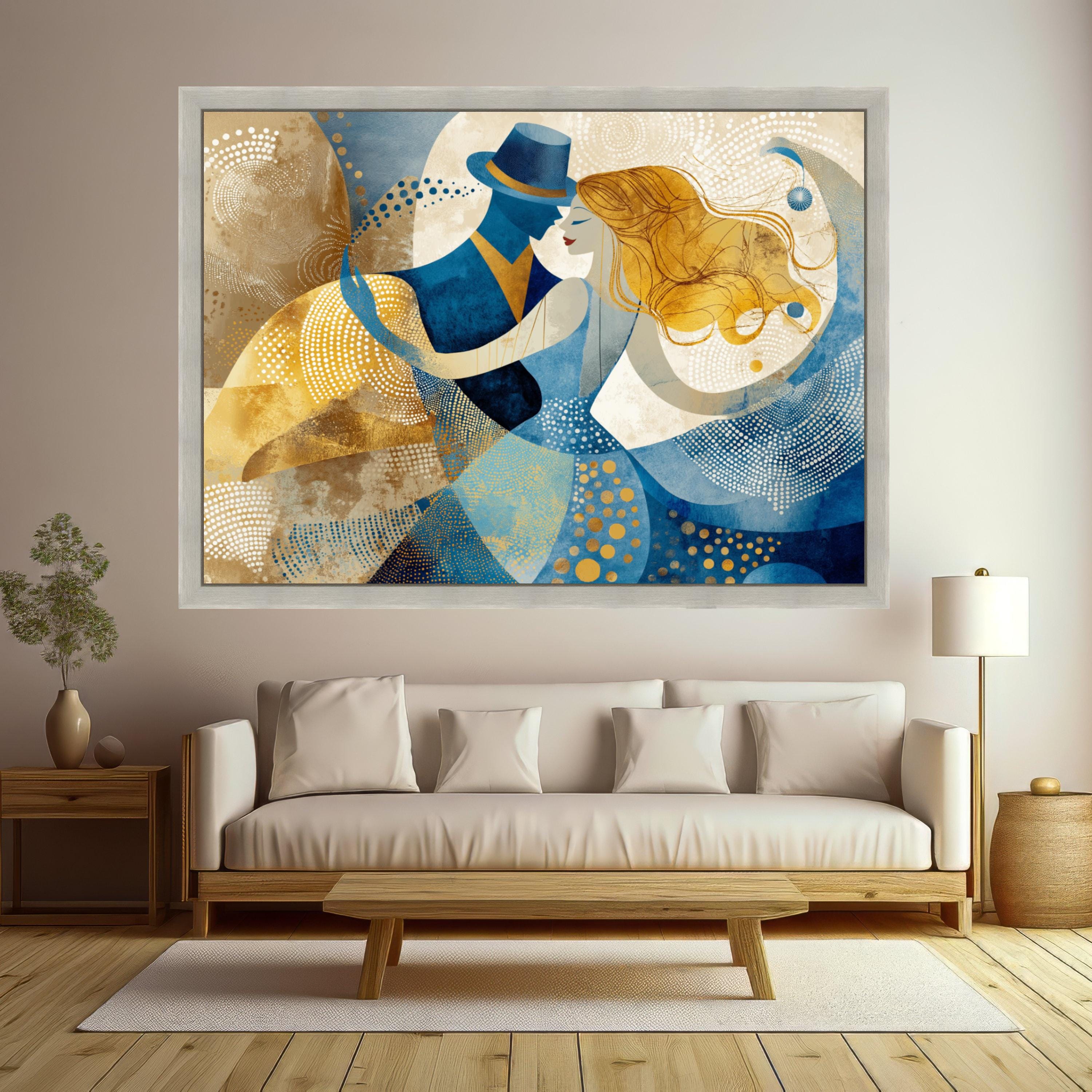 Dancing Couple Abstract, Romantic Canvas Art, Blue Gold Wall Print, Modern Home Decor, Love Theme Artwork Ready To Hang,