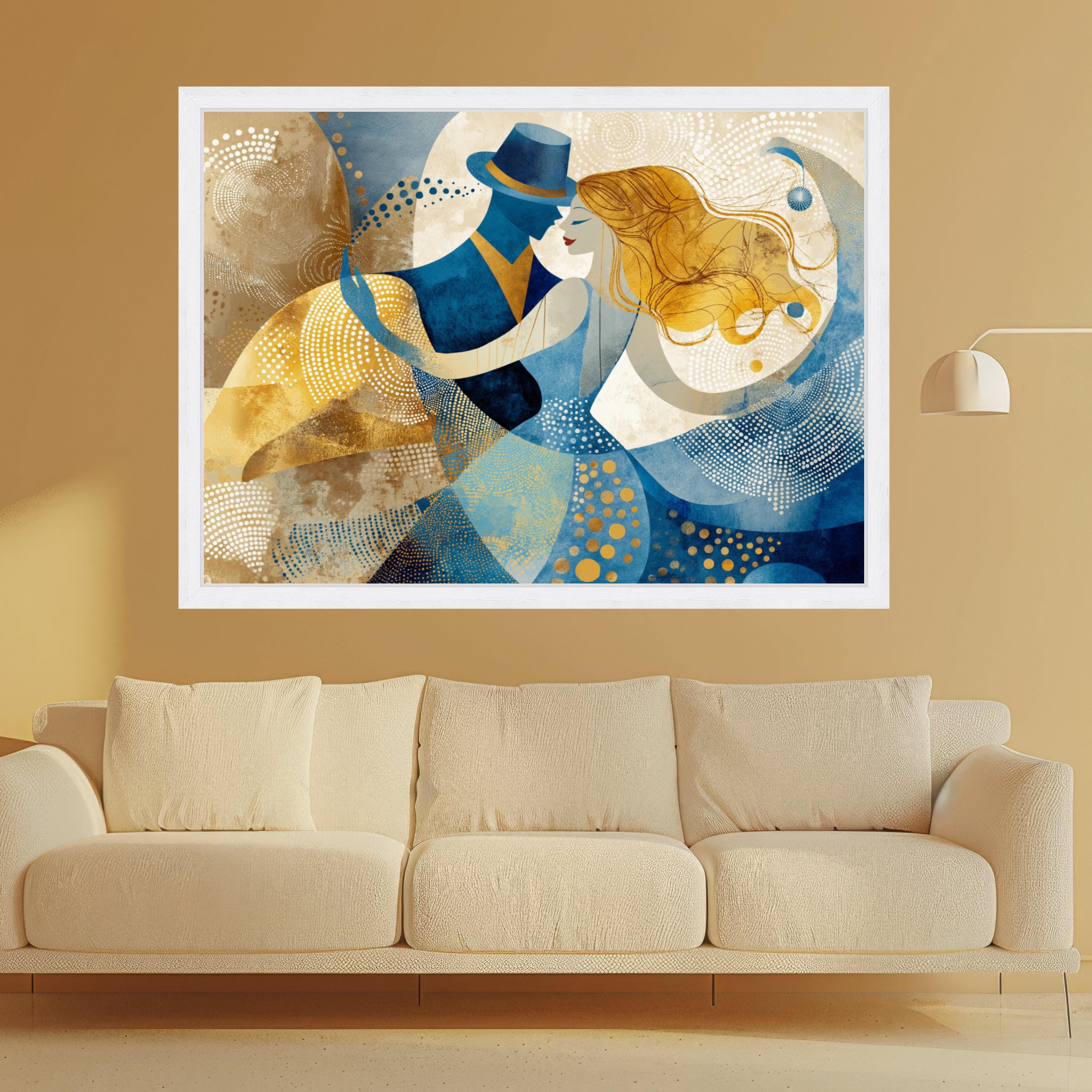 Dancing Couple Abstract, Romantic Canvas Art, Blue Gold Wall Print, Modern Home Decor, Love Theme Artwork Ready To Hang,