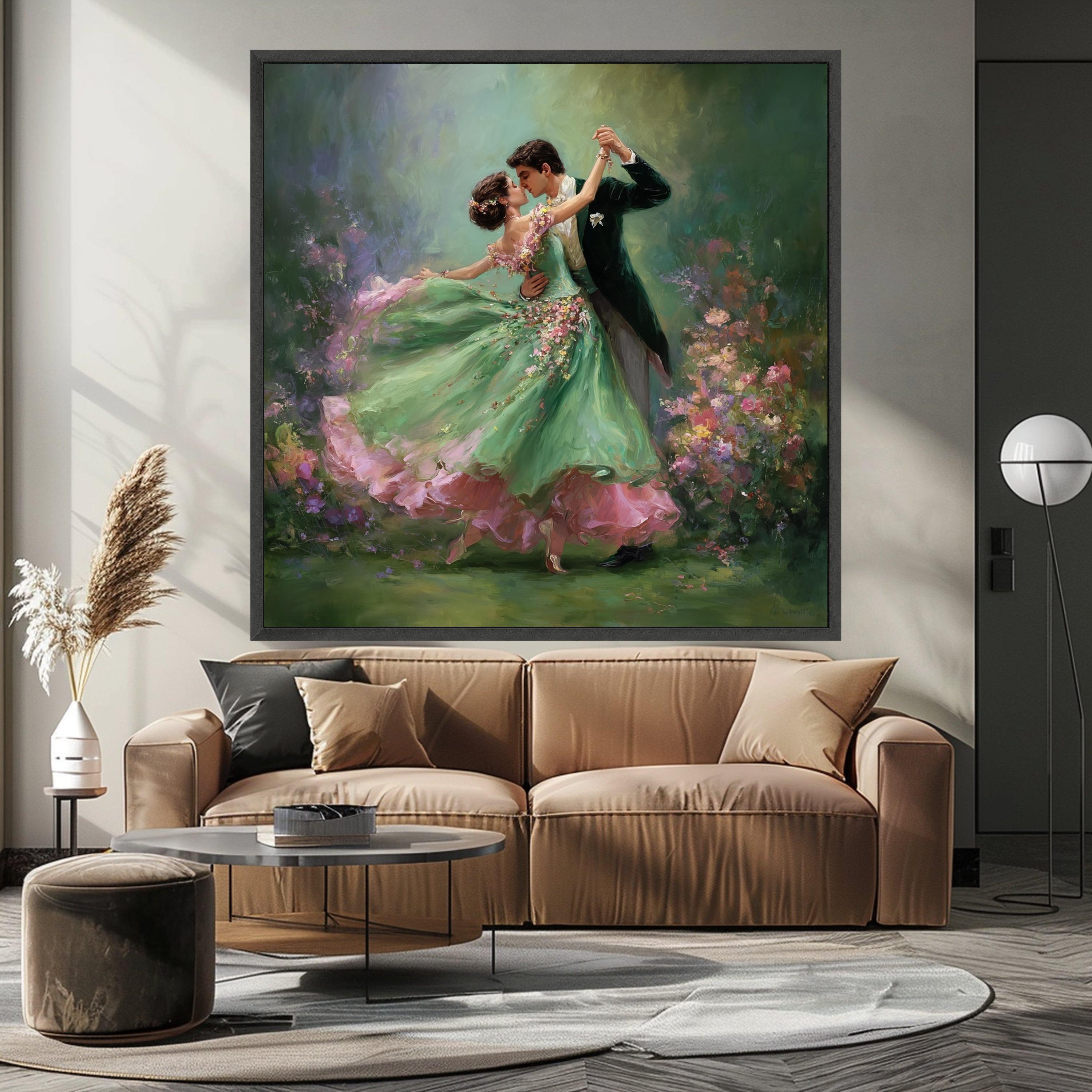 Romantic Ballroom Dance, Couple Canvas Art, Floral Dress Print, Elegant Dance Wall Art, Home Decor Painting Ready To Hang,