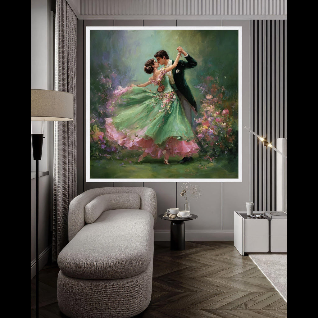 Romantic Ballroom Dance, Couple Canvas Art, Floral Dress Print, Elegant Dance Wall Art, Home Decor Painting Ready To Hang,