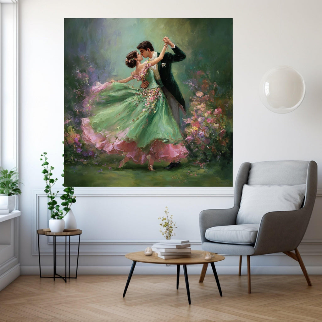 Romantic Ballroom Dance, Couple Canvas Art, Floral Dress Print, Elegant Dance Wall Art, Home Decor Painting Ready To Hang,