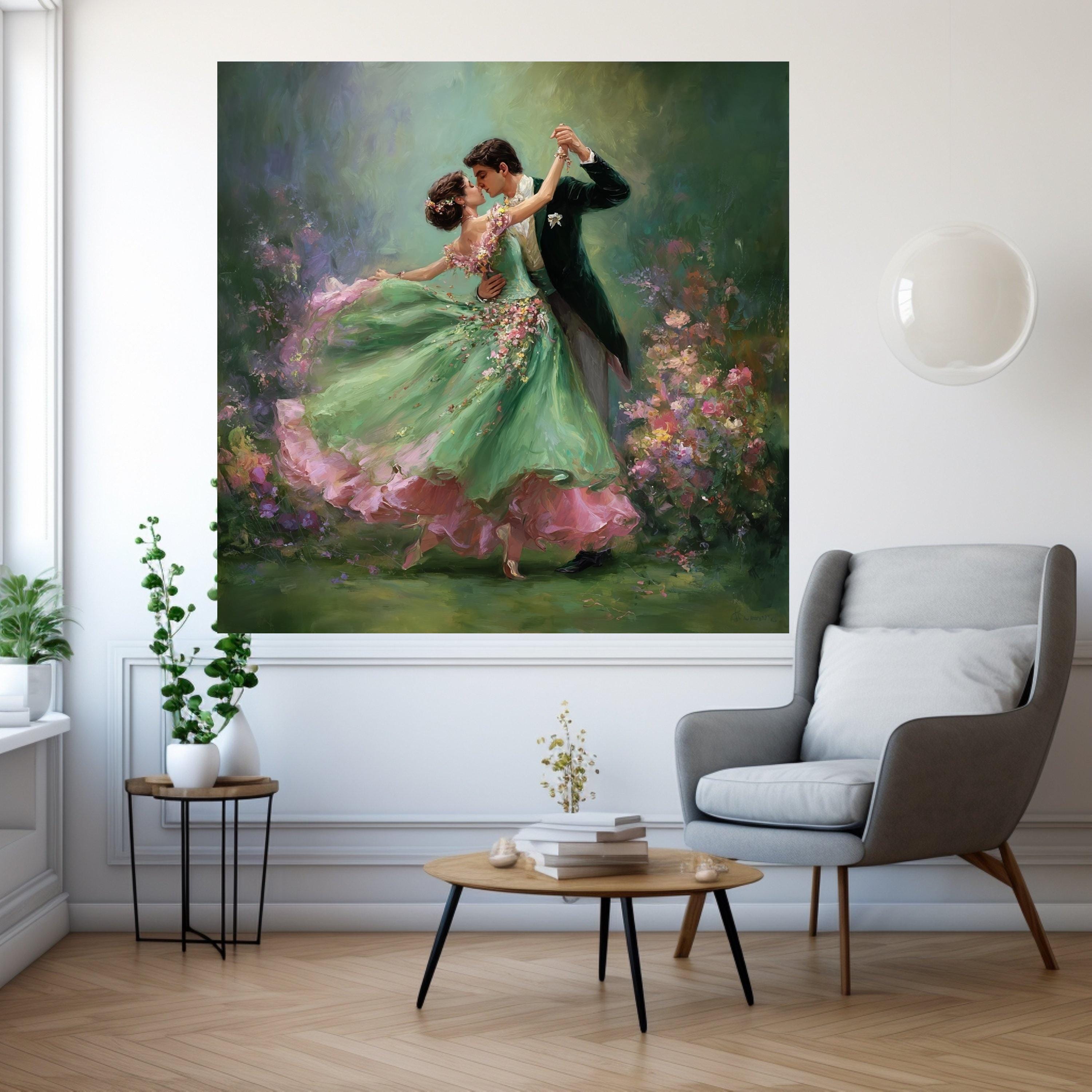 Romantic Ballroom Dance, Couple Canvas Art, Floral Dress Print, Elegant Dance Wall Art, Home Decor Painting Ready To Hang,