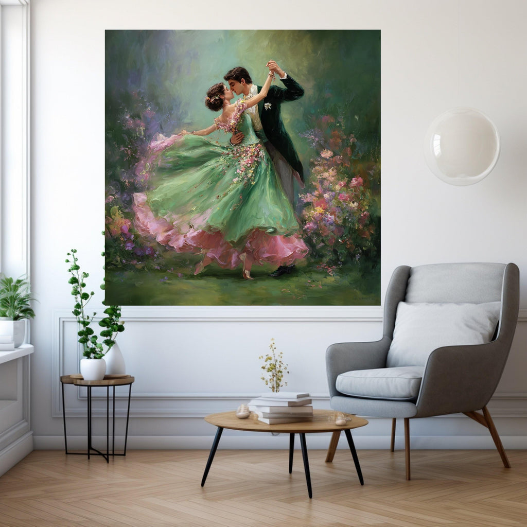 Romantic Ballroom Dance, Couple Canvas Art, Floral Dress Print, Elegant Dance Wall Art, Home Decor Painting Ready To Hang,
