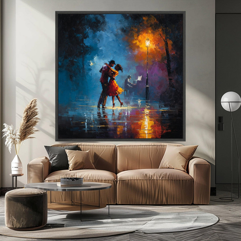 Romantic Dance Couple Canvas, Night Cityscape Art, Streetlamp Light Print, Abstract Romantic Wall Art, Piano Music Scene Ready To Hang,