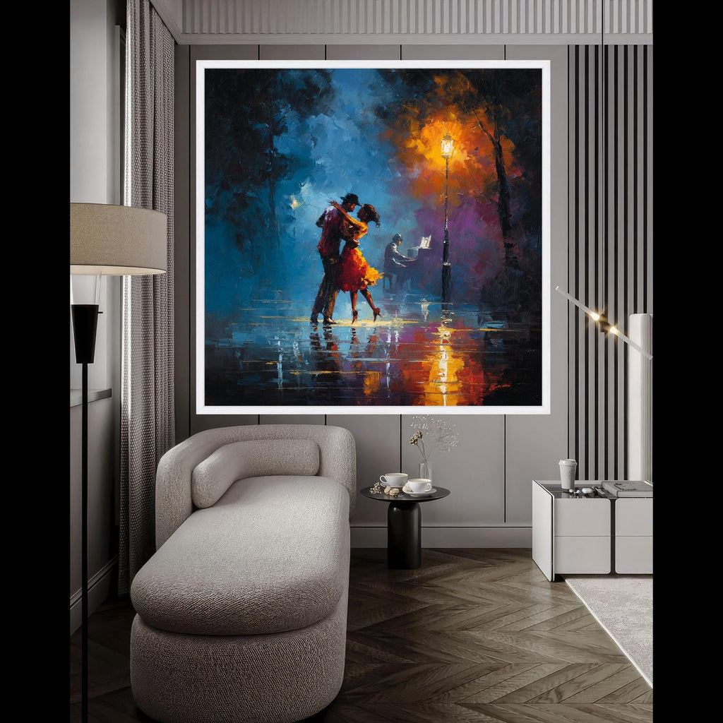 Romantic Dance Couple Canvas, Night Cityscape Art, Streetlamp Light Print, Abstract Romantic Wall Art, Piano Music Scene Ready To Hang,