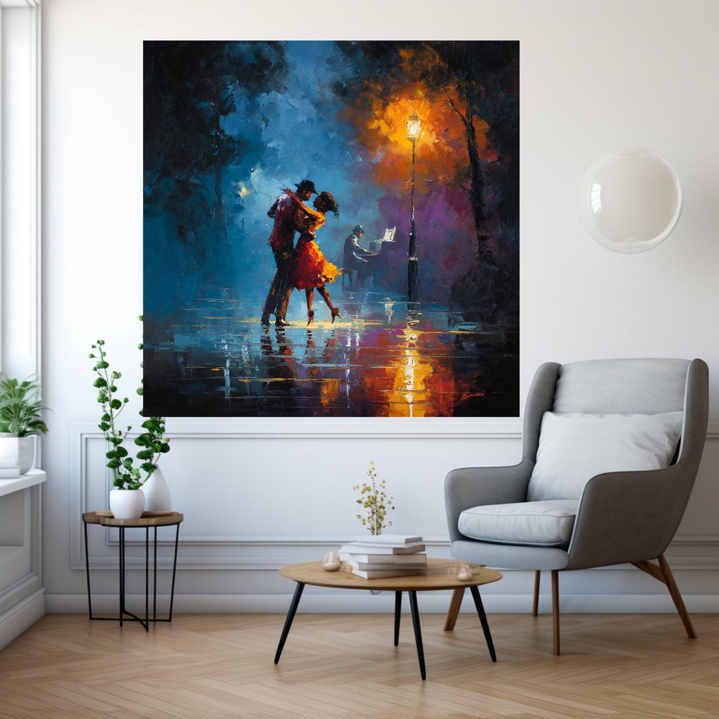 Romantic Dance Couple Canvas, Night Cityscape Art, Streetlamp Light Print, Abstract Romantic Wall Art, Piano Music Scene Ready To Hang,