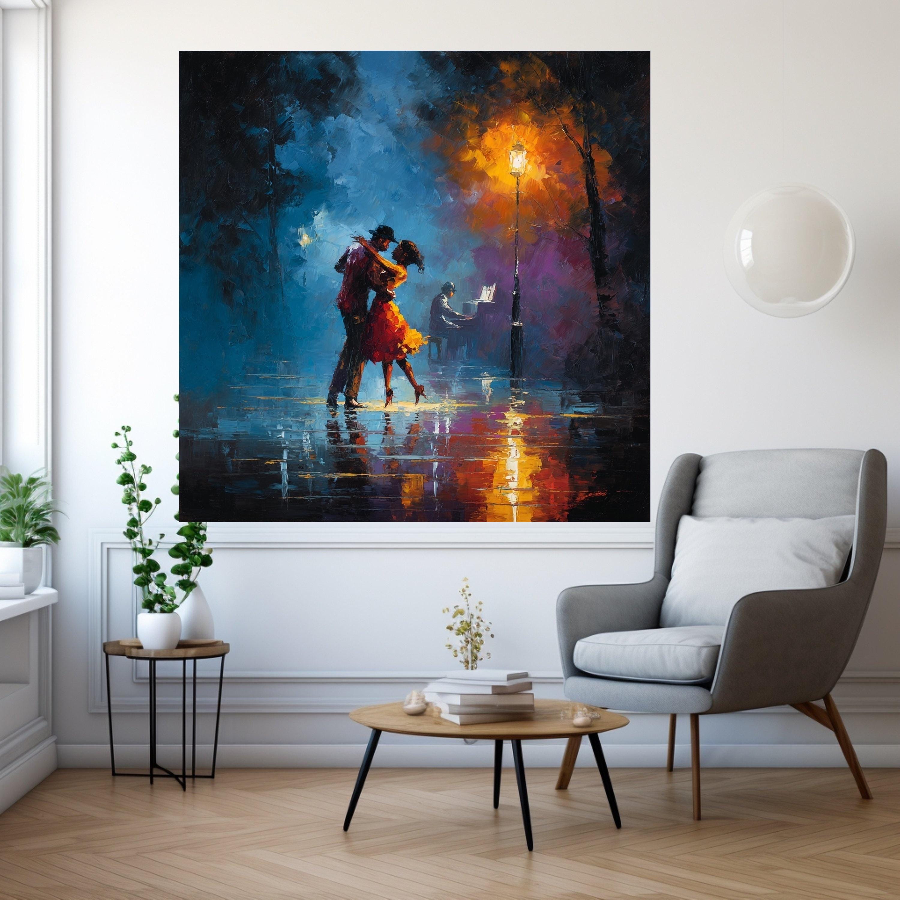 Romantic Dance Couple Canvas, Night Cityscape Art, Streetlamp Light Print, Abstract Romantic Wall Art, Piano Music Scene Ready To Hang,