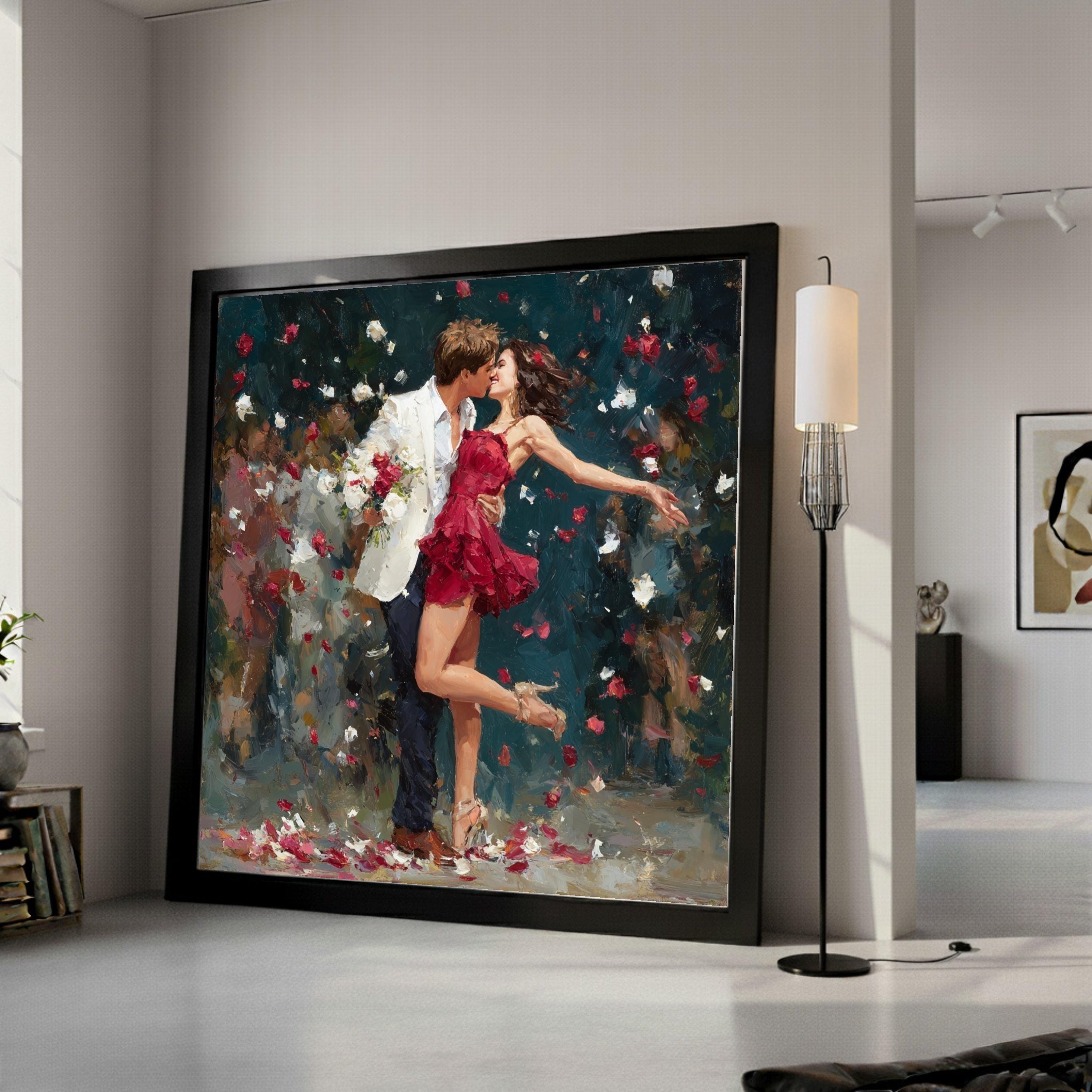 Romantic Couple Dance, Red Dress Canvas, Love Wall Art, Rose Petals Print, Home Decor Canvas Ready To Hang,