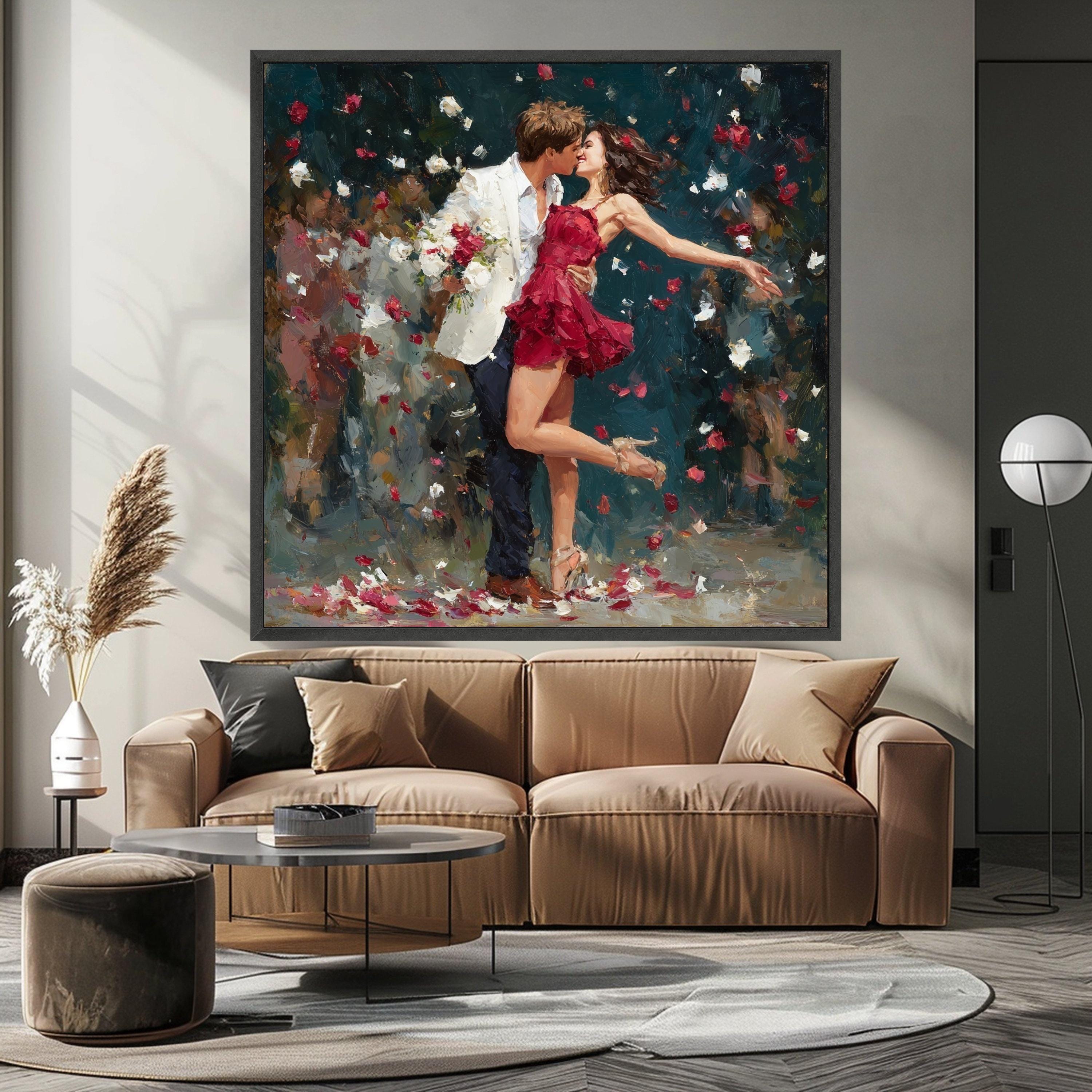 Romantic Couple Dance, Red Dress Canvas, Love Wall Art, Rose Petals Print, Home Decor Canvas Ready To Hang,