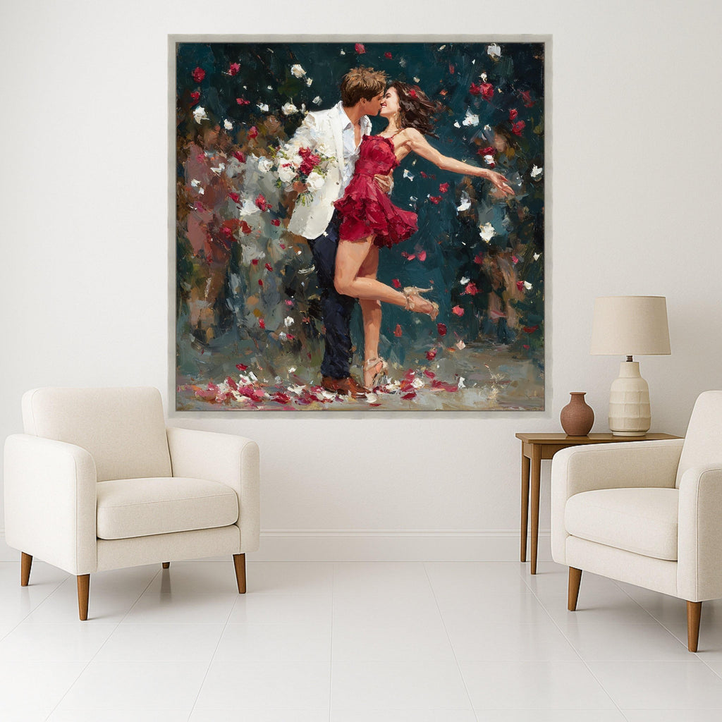 Romantic Couple Dance, Red Dress Canvas, Love Wall Art, Rose Petals Print, Home Decor Canvas Ready To Hang,