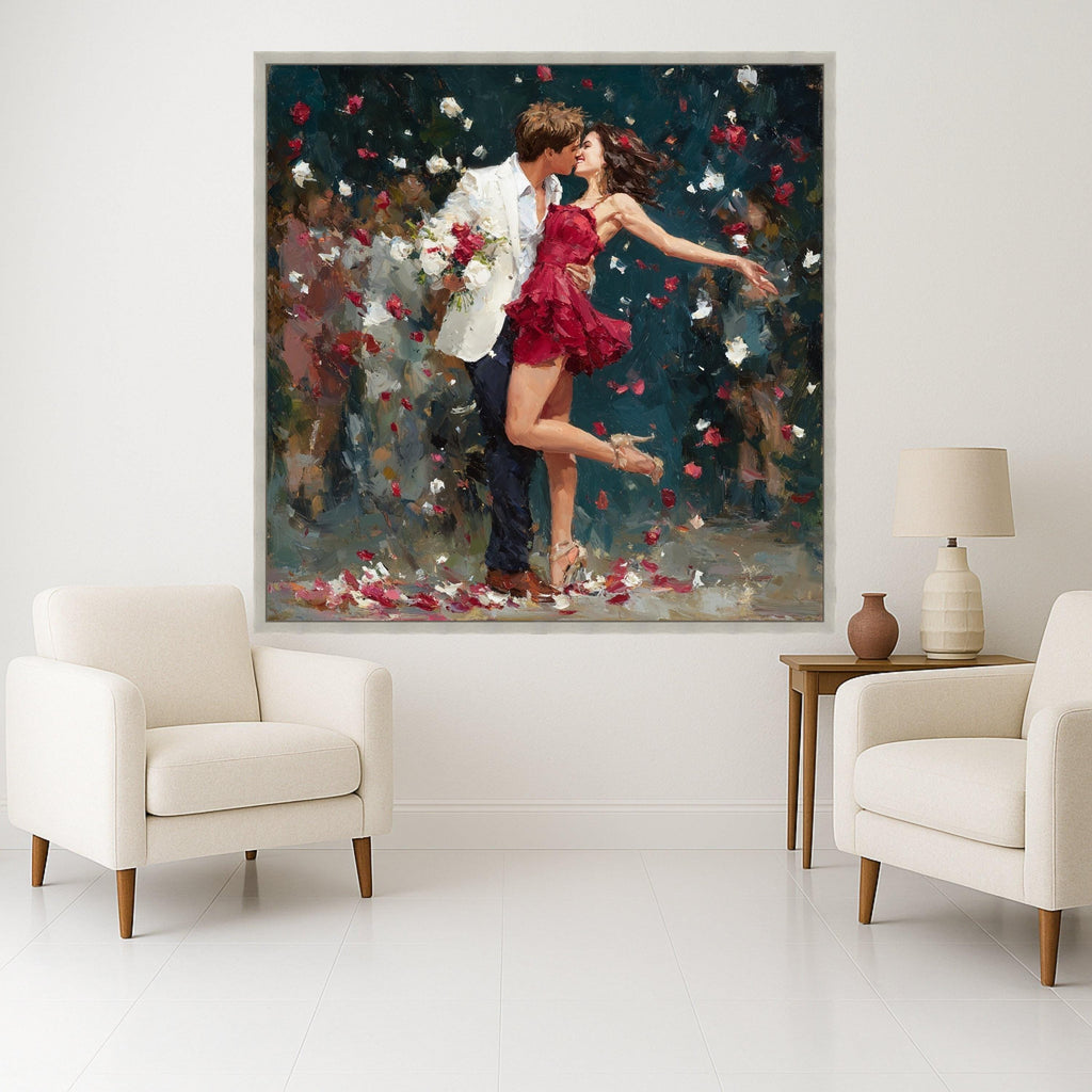 Romantic Couple Dance, Red Dress Canvas, Love Wall Art, Rose Petals Print, Home Decor Canvas Ready To Hang,