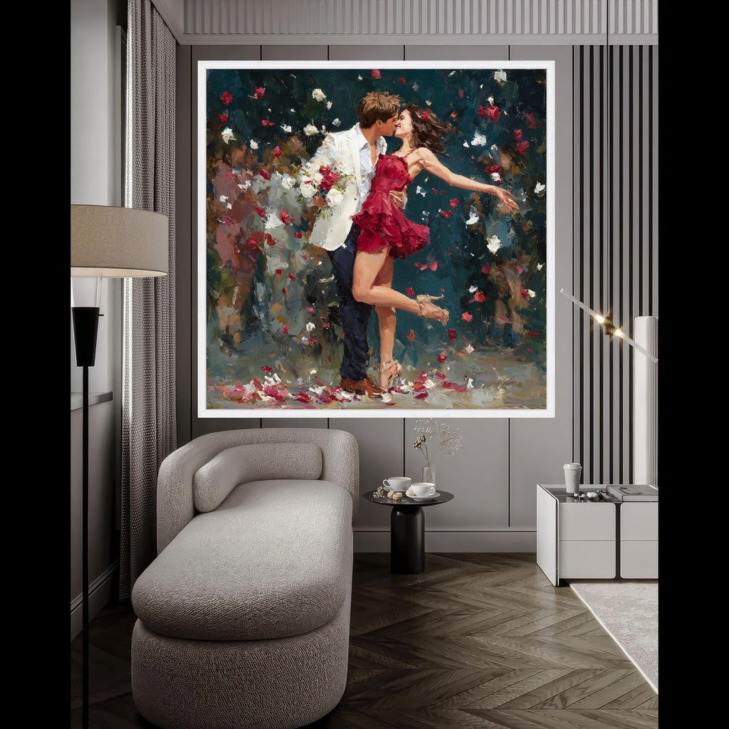 Romantic Couple Dance, Red Dress Canvas, Love Wall Art, Rose Petals Print, Home Decor Canvas Ready To Hang,