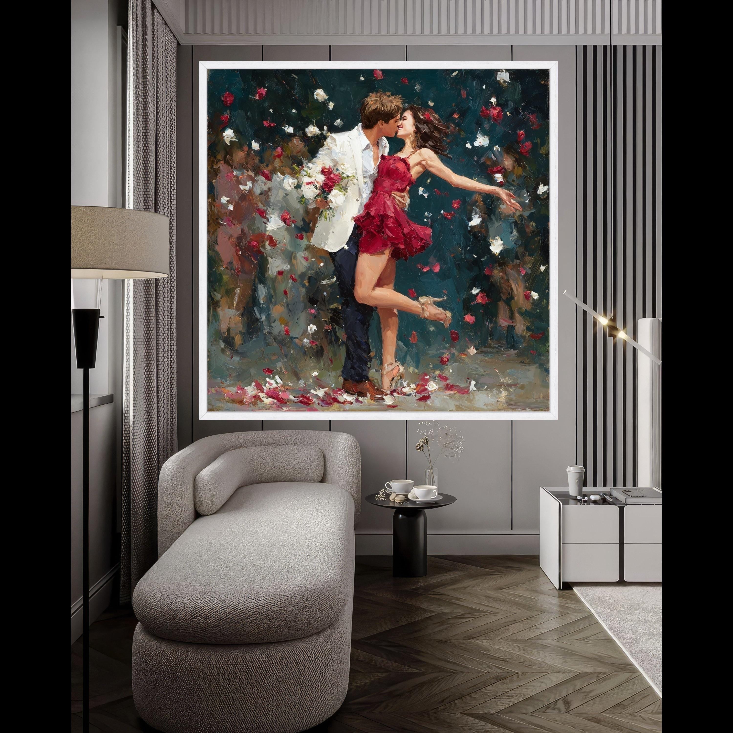 Romantic Couple Dance, Red Dress Canvas, Love Wall Art, Rose Petals Print, Home Decor Canvas Ready To Hang,