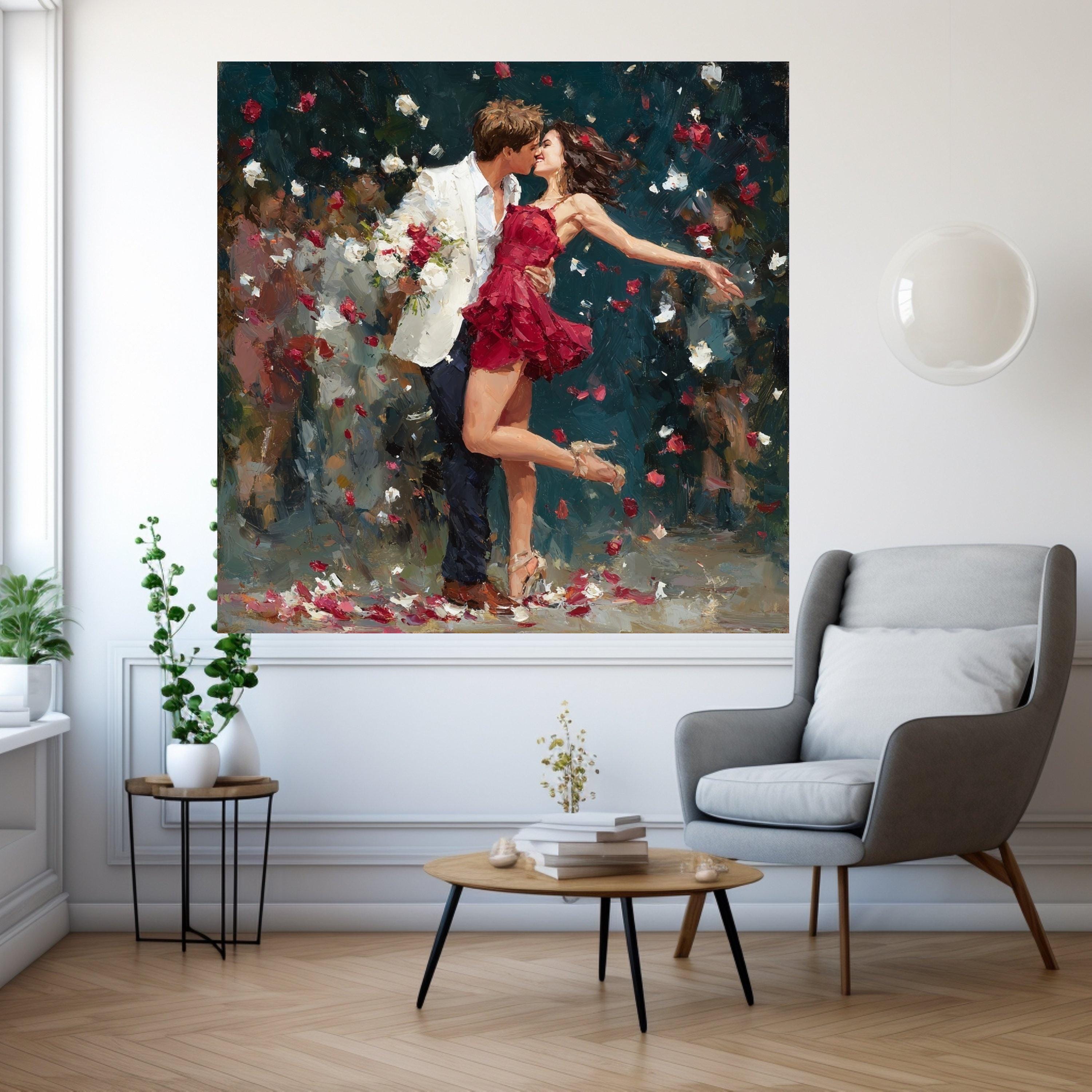 Romantic Couple Dance, Red Dress Canvas, Love Wall Art, Rose Petals Print, Home Decor Canvas Ready To Hang,