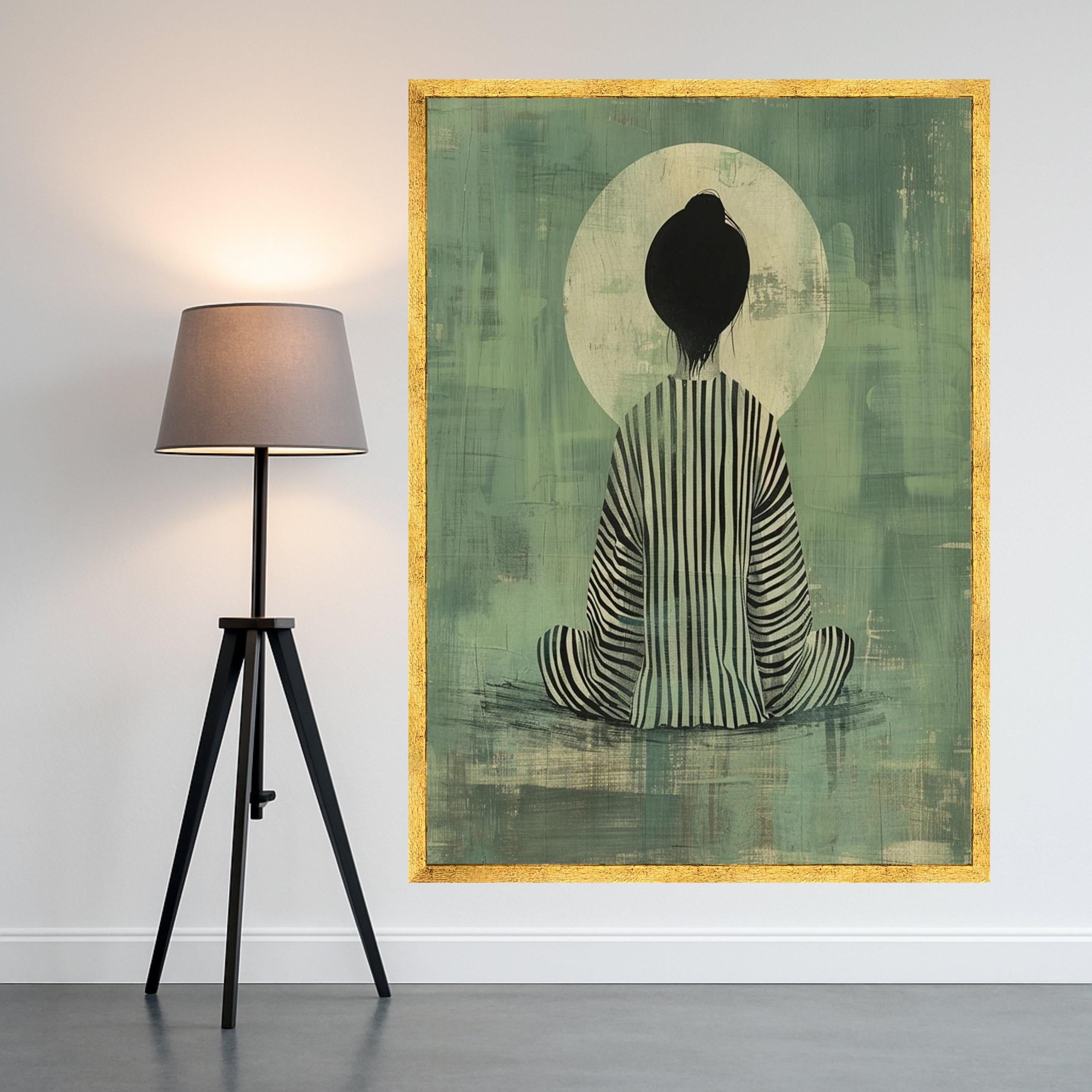 Meditative Woman Canvas, Abstract Art Print, Striped Robe Wall Art, Zen Decor Canvas, Calm Interior Design Ready To Hang,