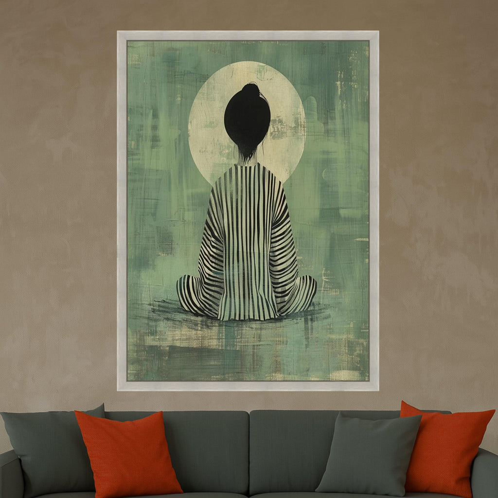 Meditative Woman Canvas, Abstract Art Print, Striped Robe Wall Art, Zen Decor Canvas, Calm Interior Design Ready To Hang,