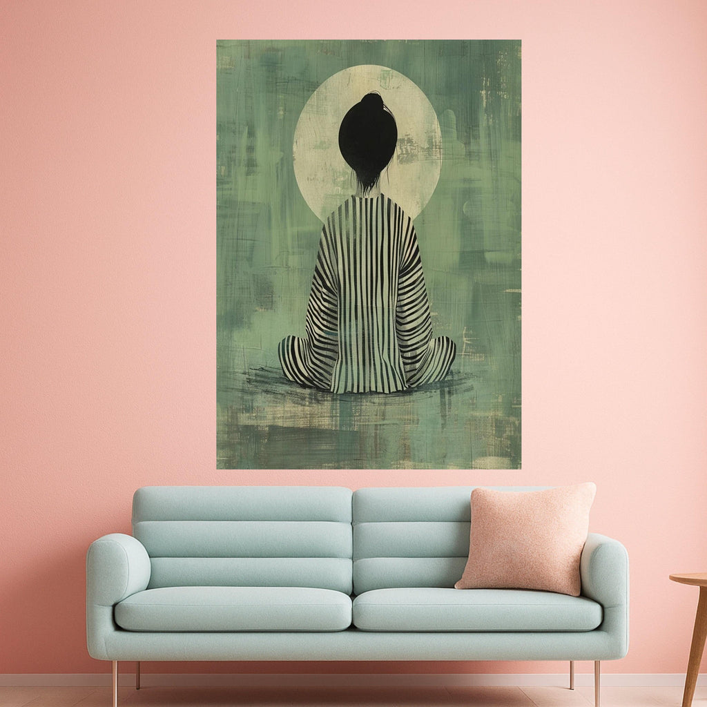 Meditative Woman Canvas, Abstract Art Print, Striped Robe Wall Art, Zen Decor Canvas, Calm Interior Design Ready To Hang,