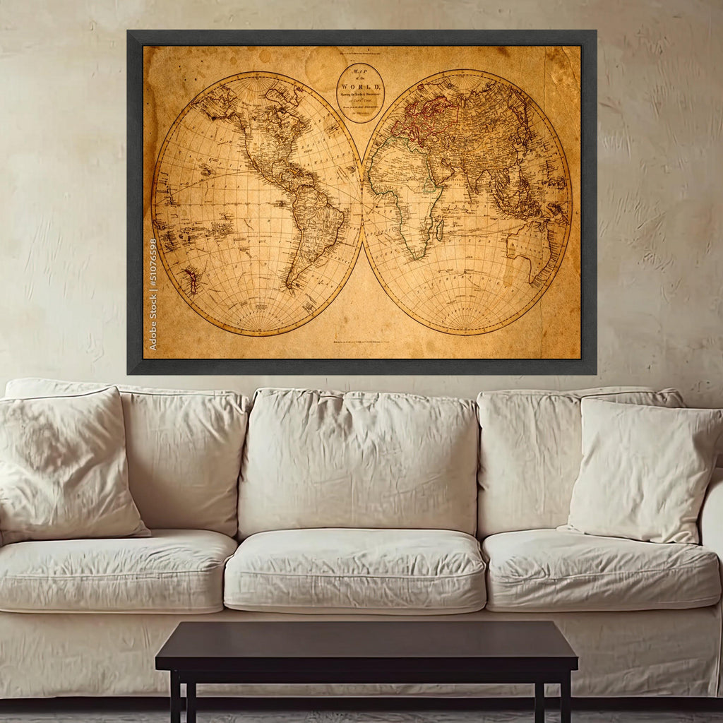 Large Framed Antique Map, Vintage World Canvas, Historical Wall Art, Sepia Tone Print