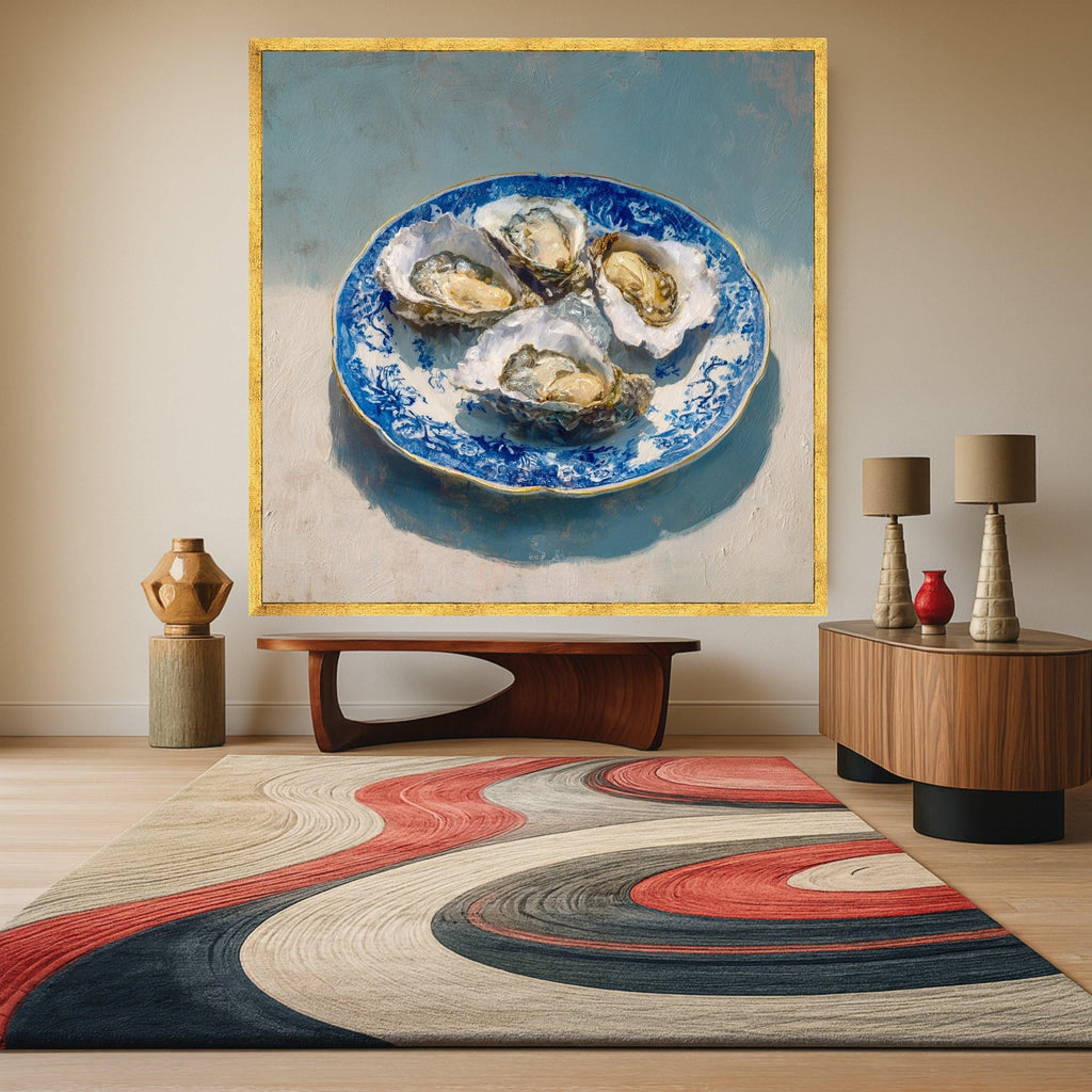 Elegant Oyster Shell Art Canvas, Coastal Oyster Print Wall Art, Blue Plate Oyster Decor, Nautical Oyster Shell Wall Art, Ready to Hang