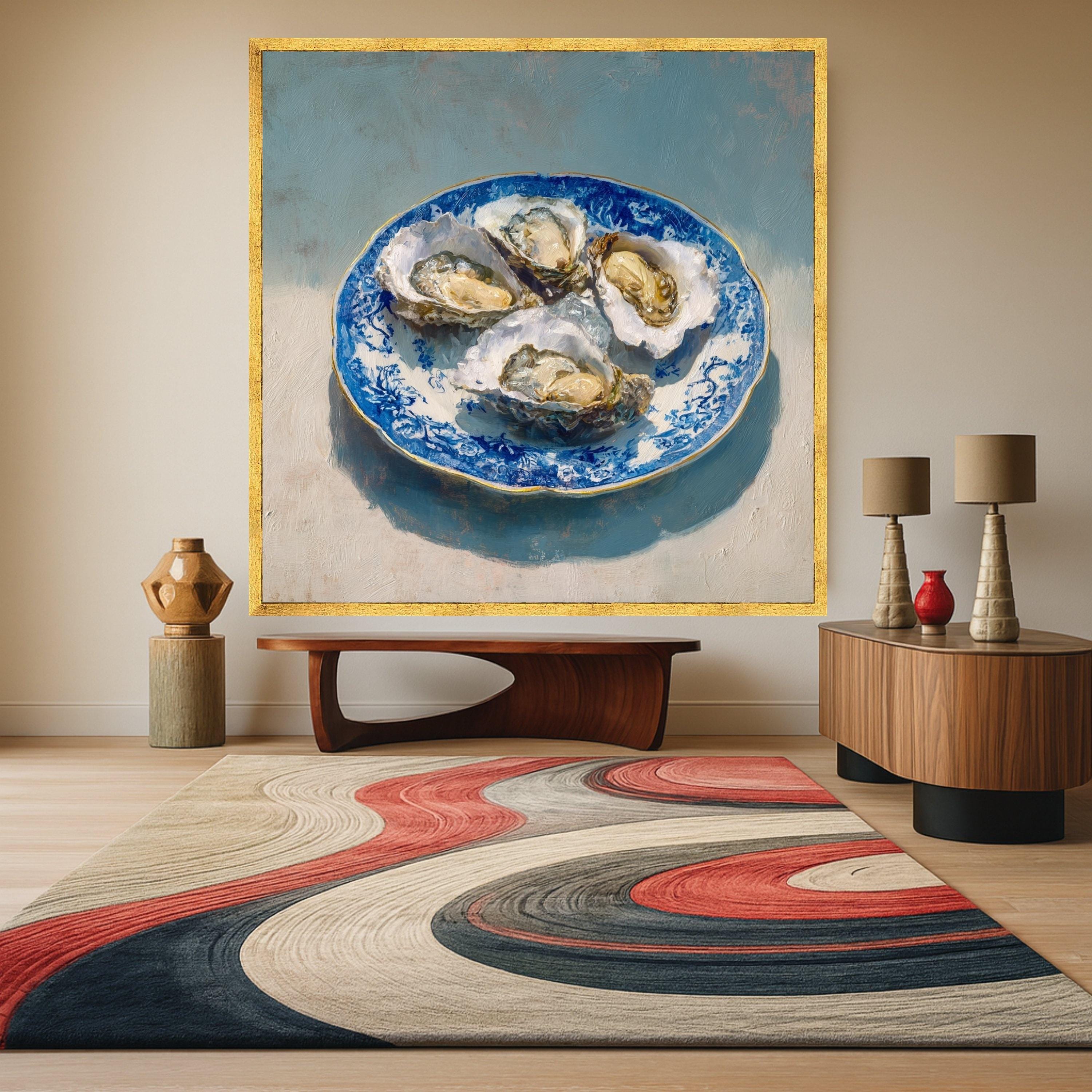 Elegant Oyster Shell Art Canvas, Coastal Oyster Print Wall Art, Blue Plate Oyster Decor, Nautical Oyster Shell Wall Art, Ready to Hang