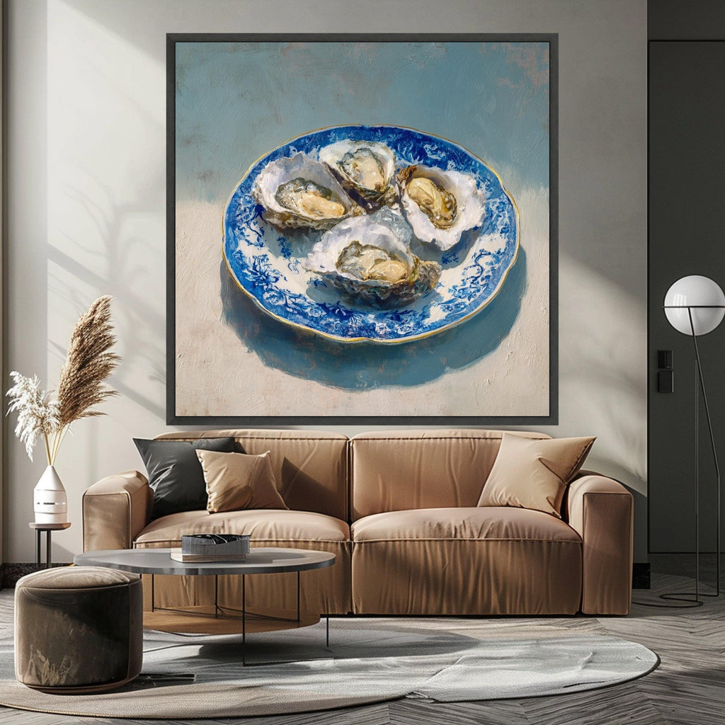Elegant Oyster Shell Art Canvas, Coastal Oyster Print Wall Art, Blue Plate Oyster Decor, Nautical Oyster Shell Wall Art, Ready to Hang