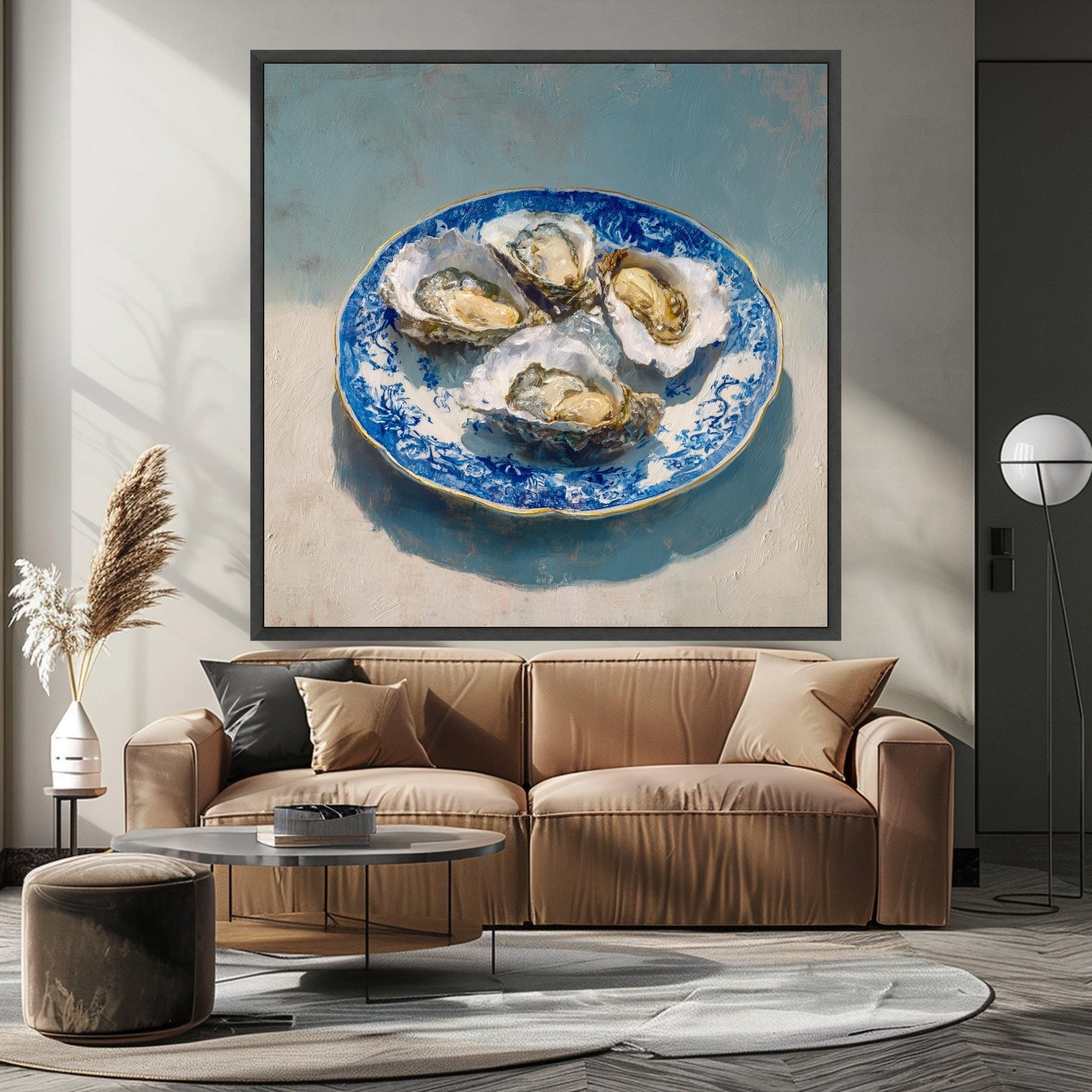 Elegant Oyster Shell Art Canvas, Coastal Oyster Print Wall Art, Blue Plate Oyster Decor, Nautical Oyster Shell Wall Art, Ready to Hang