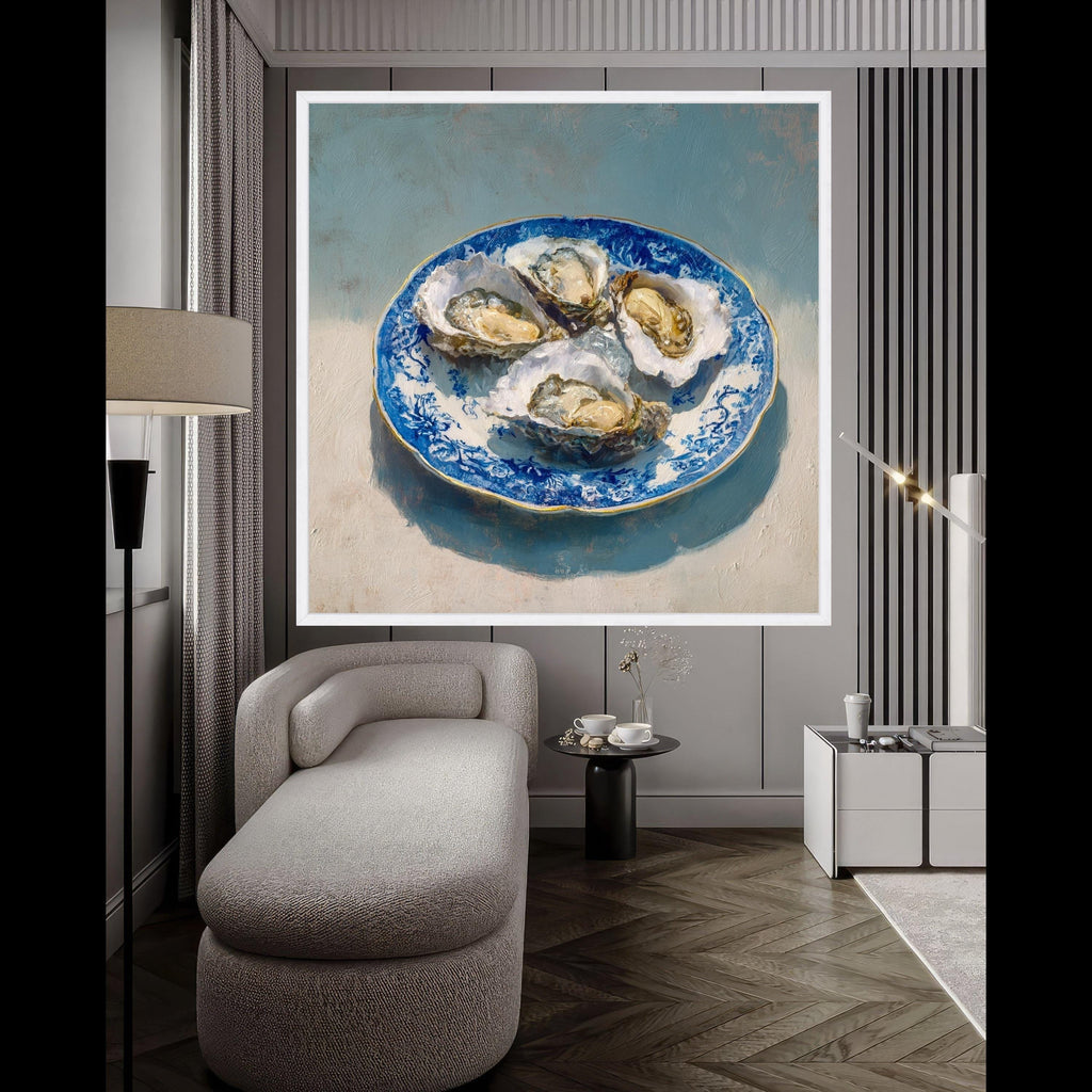 Elegant Oyster Shell Art Canvas, Coastal Oyster Print Wall Art, Blue Plate Oyster Decor, Nautical Oyster Shell Wall Art, Ready to Hang