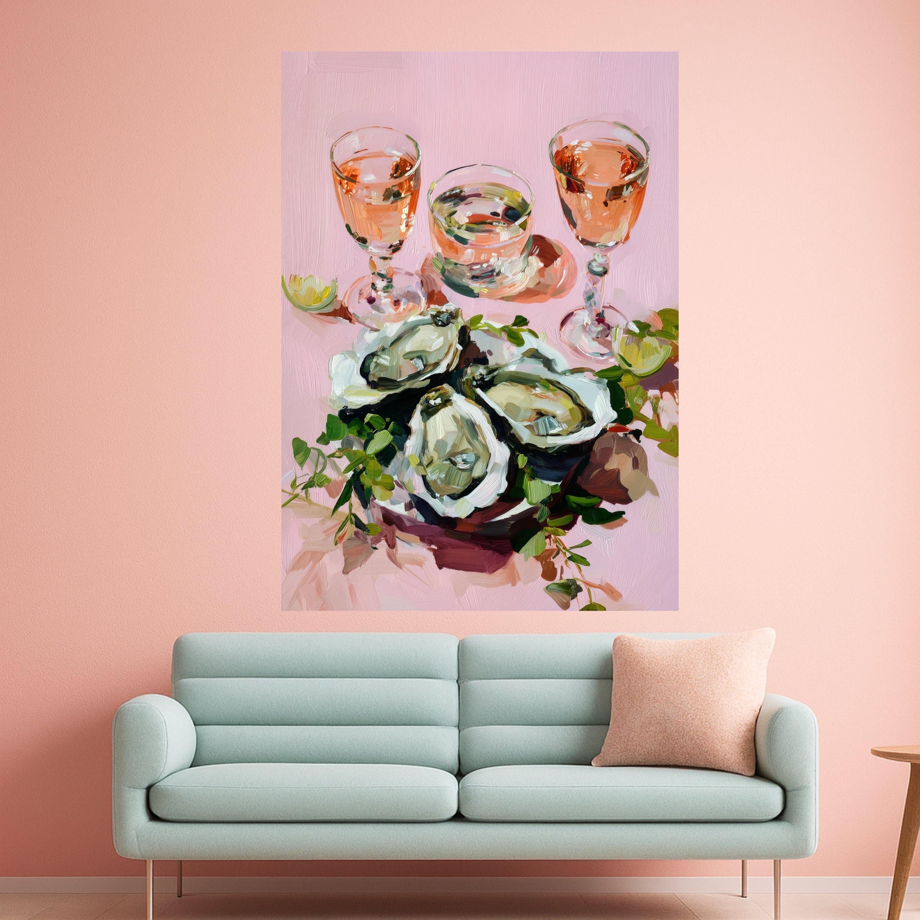 Oyster Shell Art with Rosé Wine, Oyster Print Canvas, Oyster Wall Art, Coastal Oyster Decor, Oyster Prints Canvas, Elegant Oyster Shell Wall