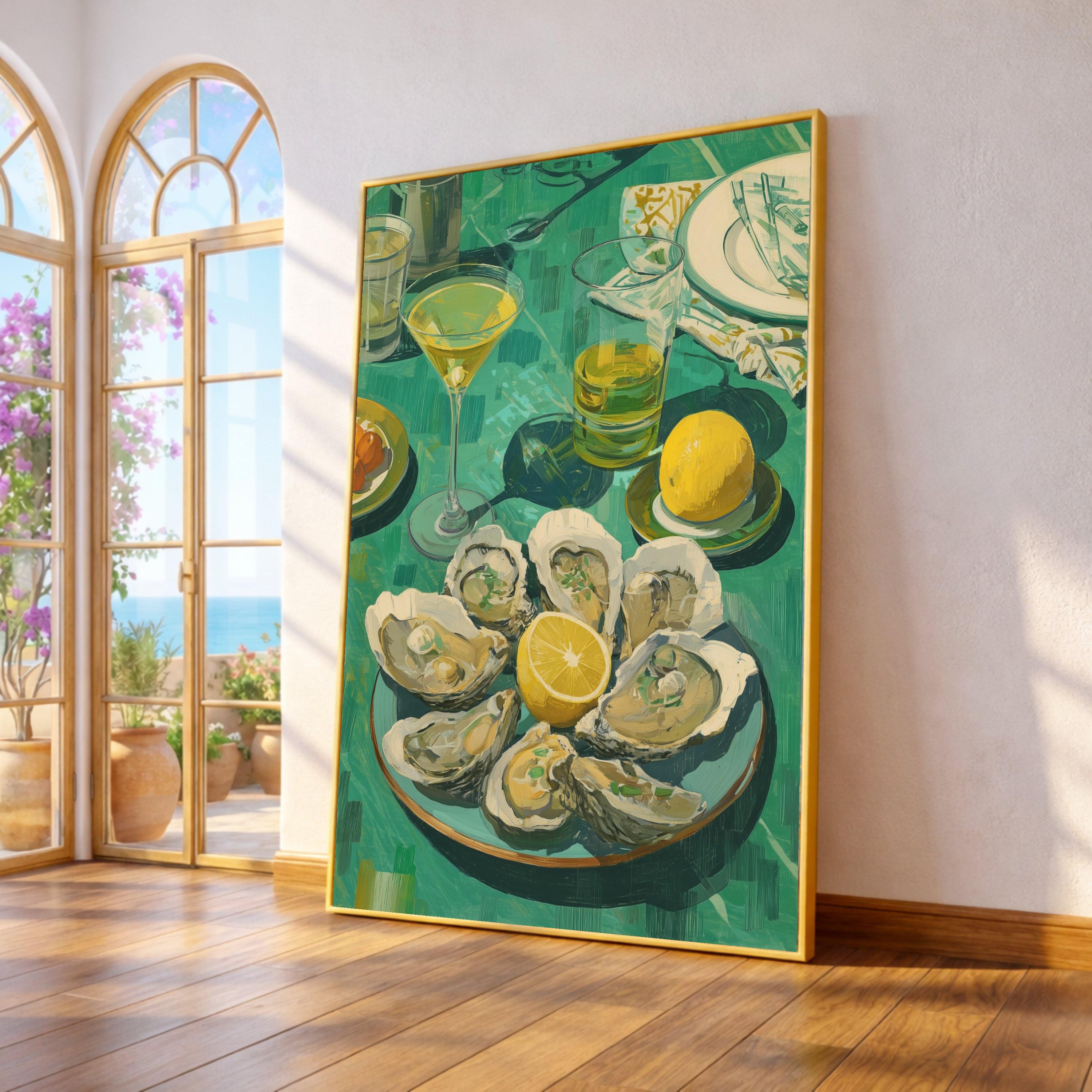 Fresh Oyster Shell Art Canvas, Lemon and Cocktail Still Life, Oyster Print Wall Art, Coastal Oyster Decor, Gourmet Seafood Canvas
