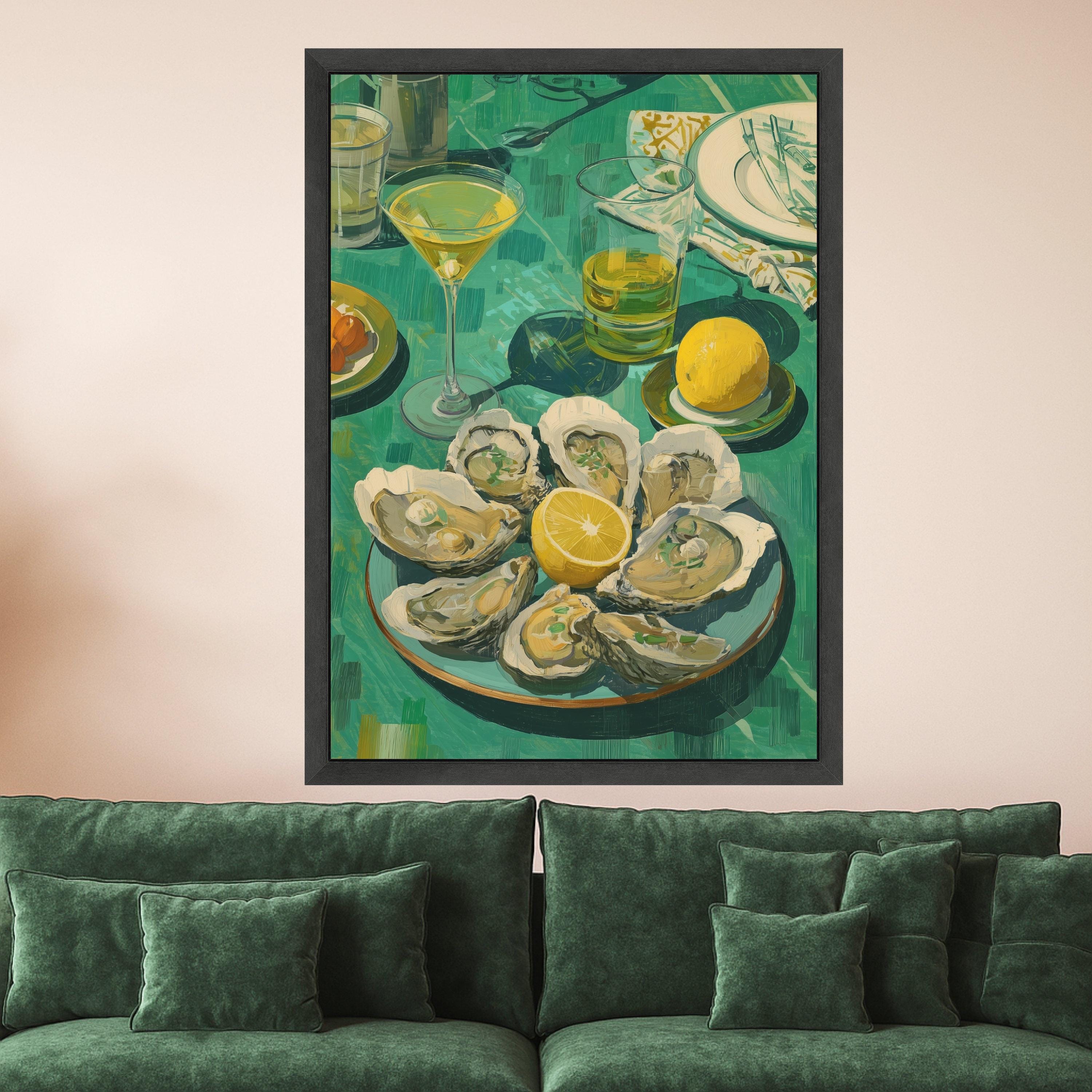 Fresh Oyster Shell Art Canvas, Lemon and Cocktail Still Life, Oyster Print Wall Art, Coastal Oyster Decor, Gourmet Seafood Canvas