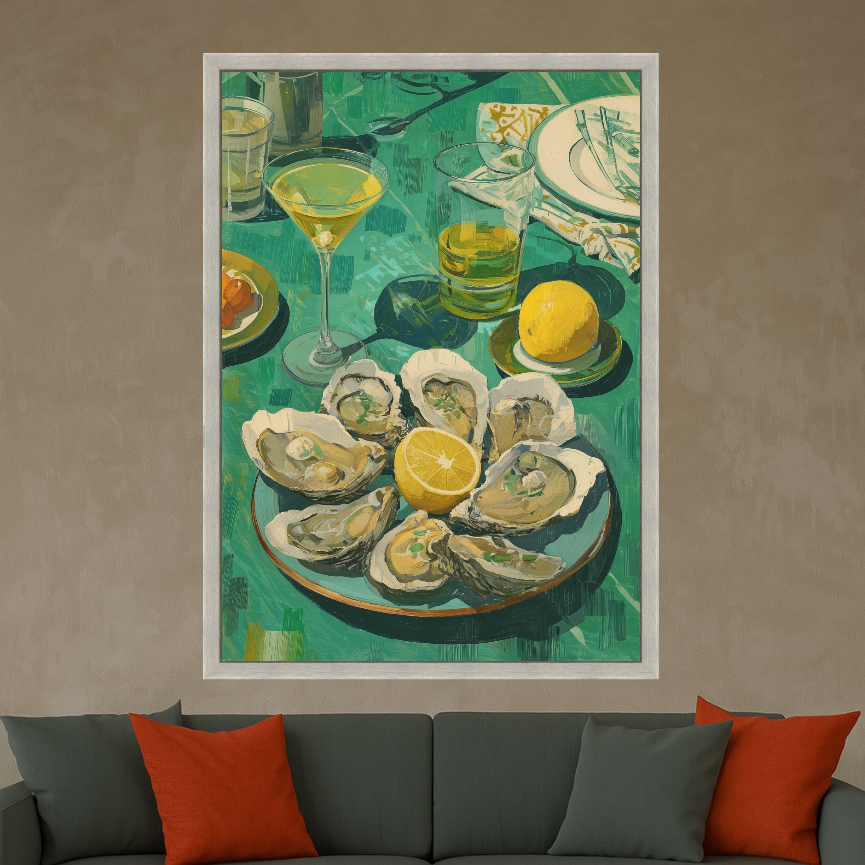 Fresh Oyster Shell Art Canvas, Lemon and Cocktail Still Life, Oyster Print Wall Art, Coastal Oyster Decor, Gourmet Seafood Canvas