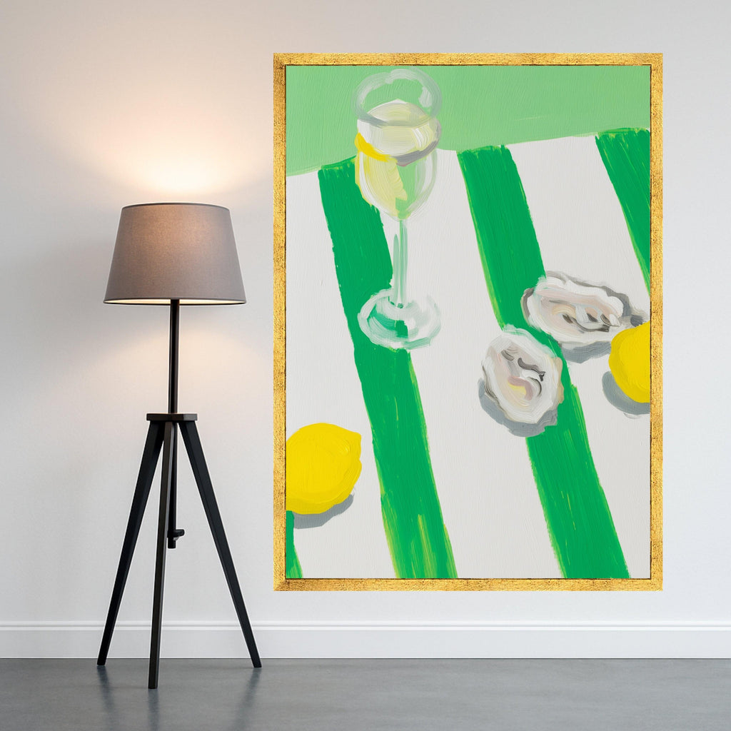 Fresh Oyster Shell Art Canvas, Lemon and Wine Glass Painting, Oyster Print Wall Art, Coastal Oyster Decor, Oyster Shell Wall Art Canvas
