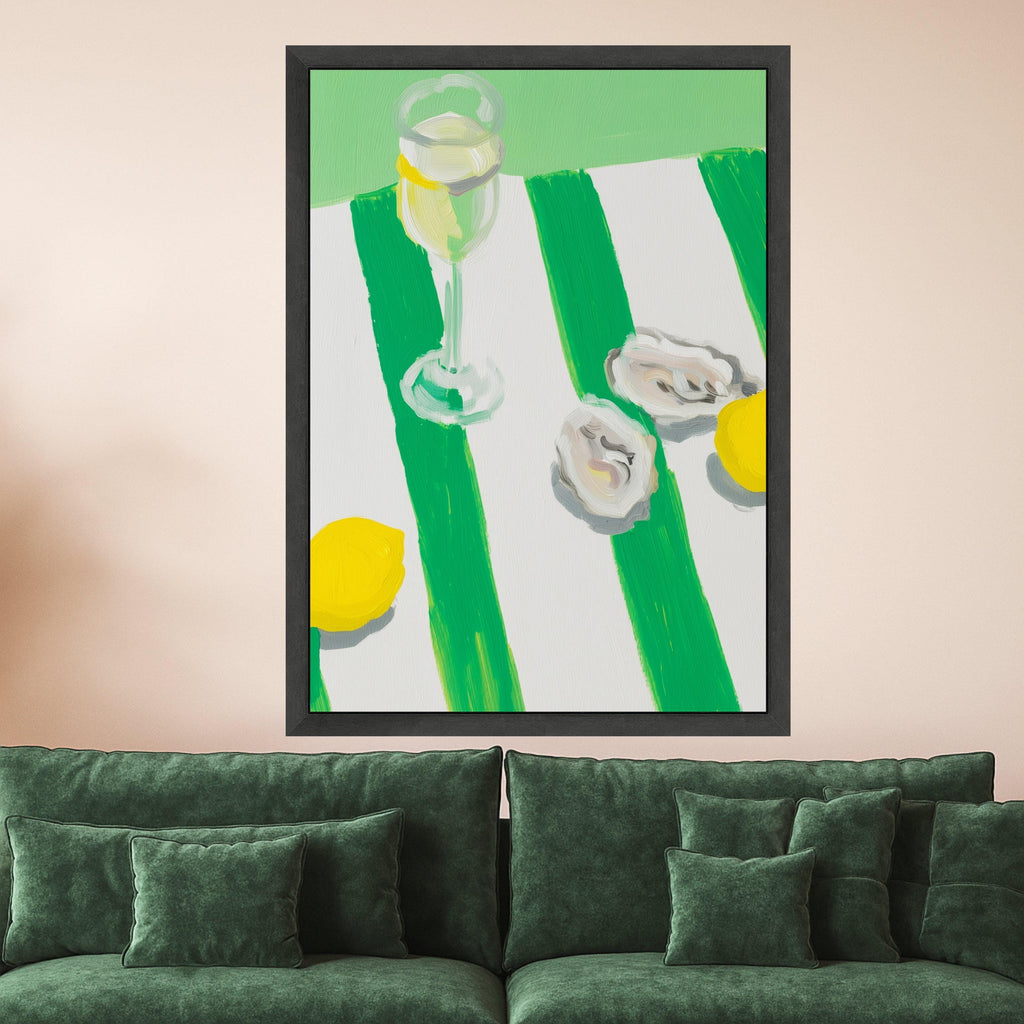 Fresh Oyster Shell Art Canvas, Lemon and Wine Glass Painting, Oyster Print Wall Art, Coastal Oyster Decor, Oyster Shell Wall Art Canvas